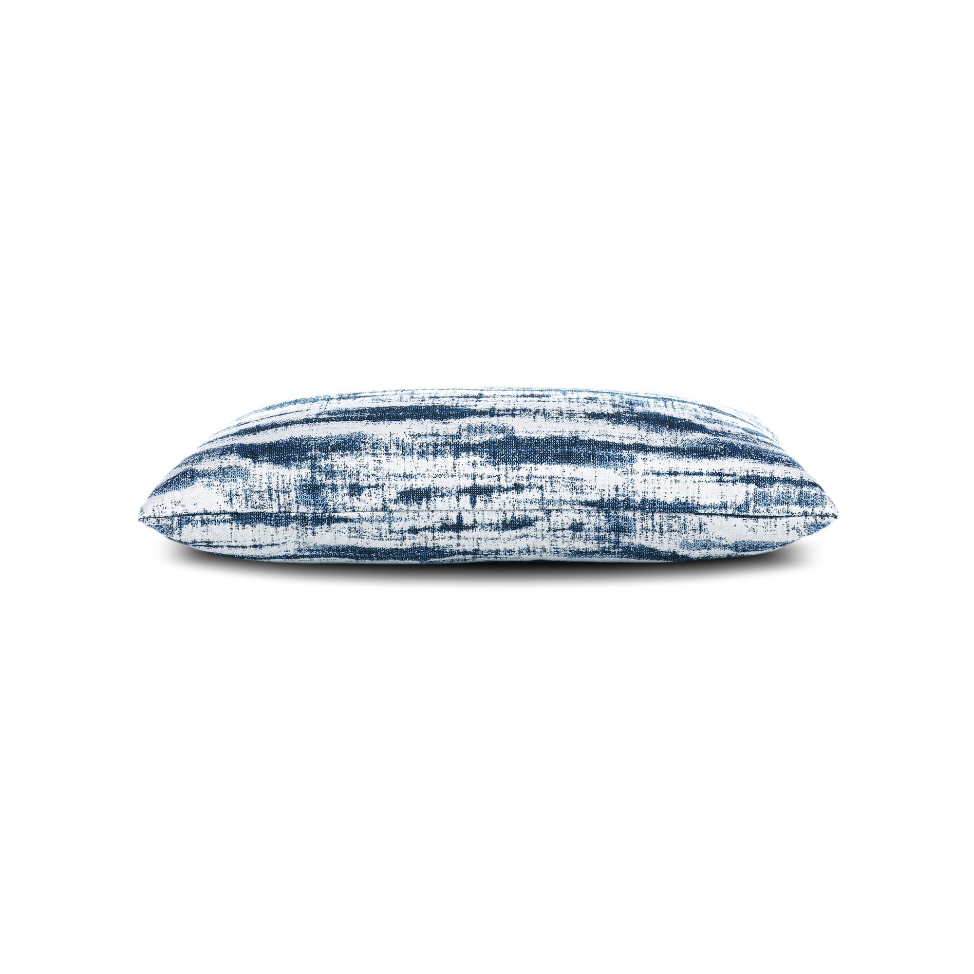 Side image of Blue striped outdoor pillow lumbar size for coastal patio decor