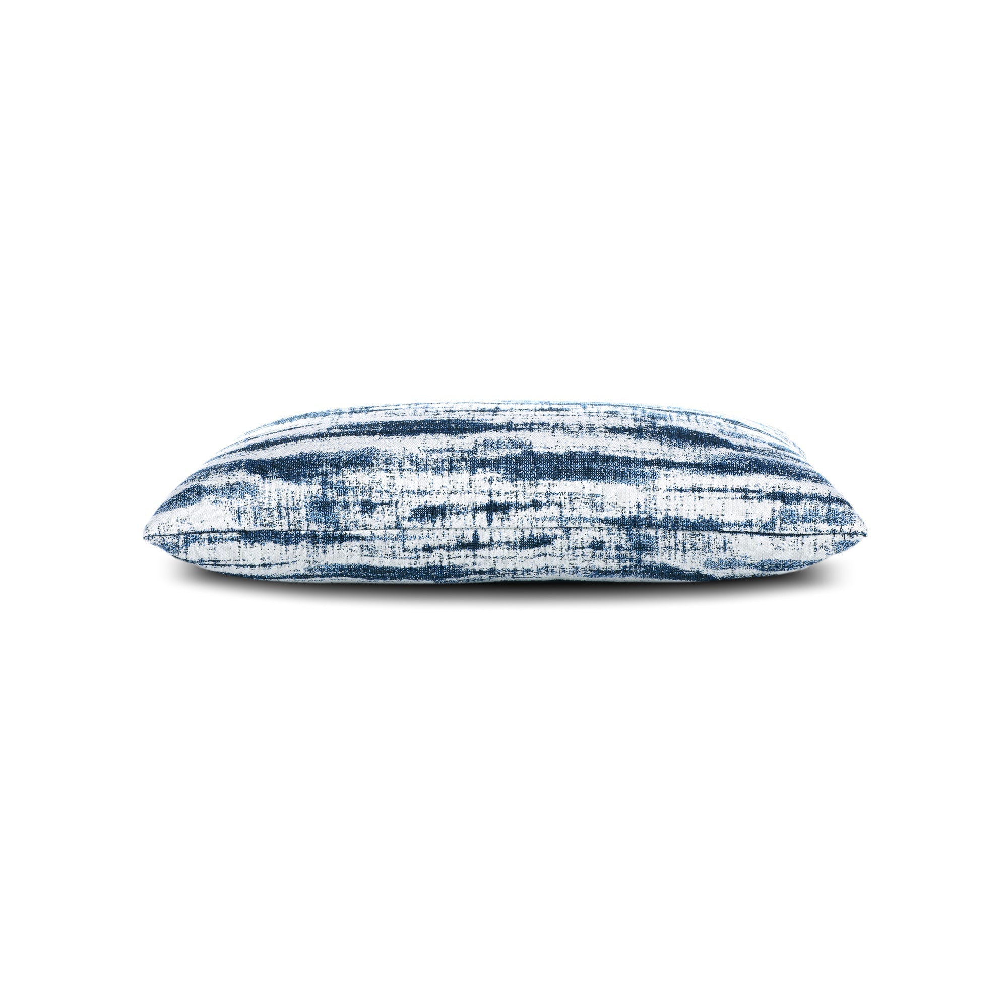 Side image of Blue striped outdoor pillow lumbar size for coastal patio decor