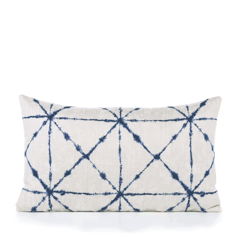360 video of Ivory and indigo lattice pillow in lumbar size for stylish indoor and outdoor decor by Elaine Smith