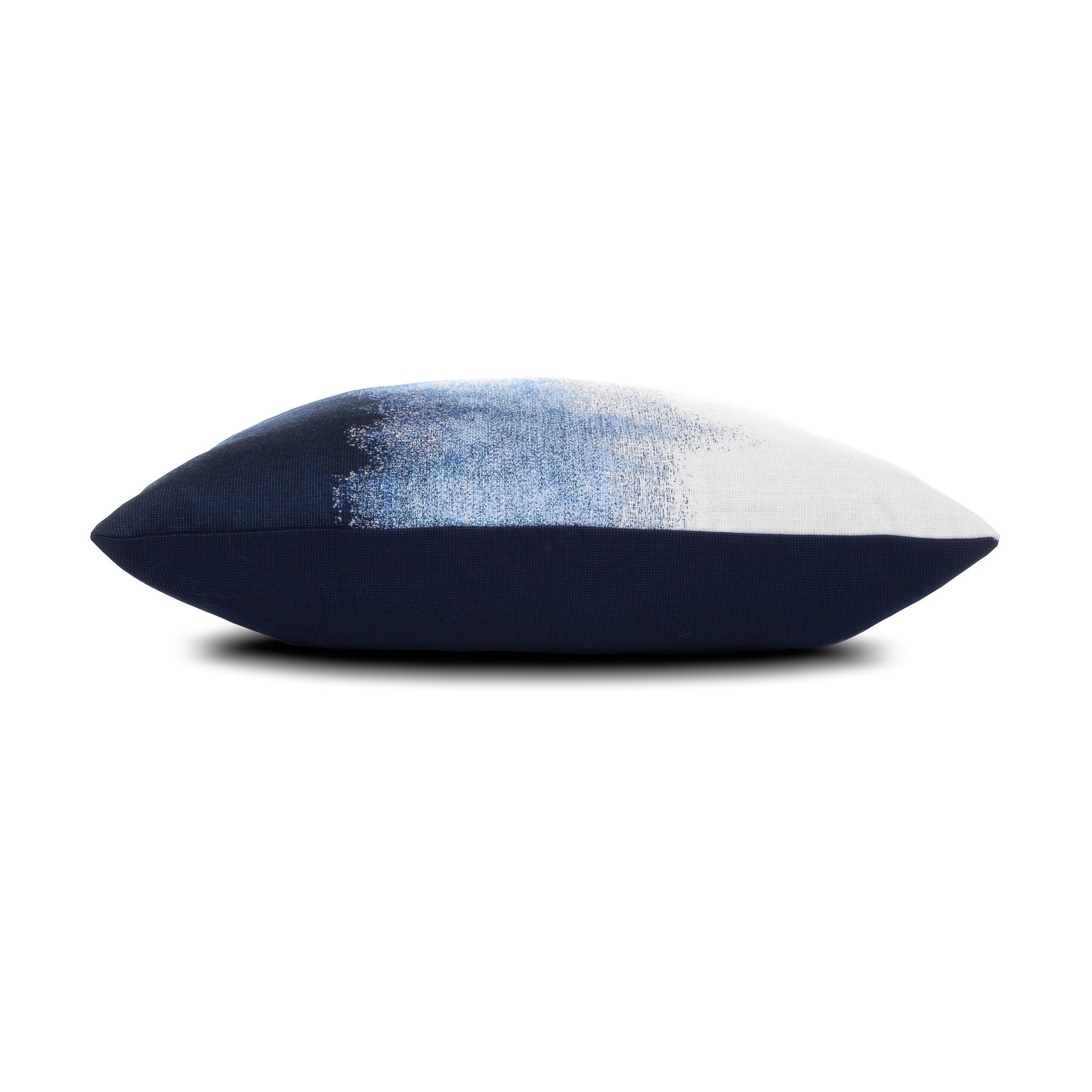 Side image of Deep navy ombre outdoor pillow with fade effect for sophisticated outdoor design in 22 inch square