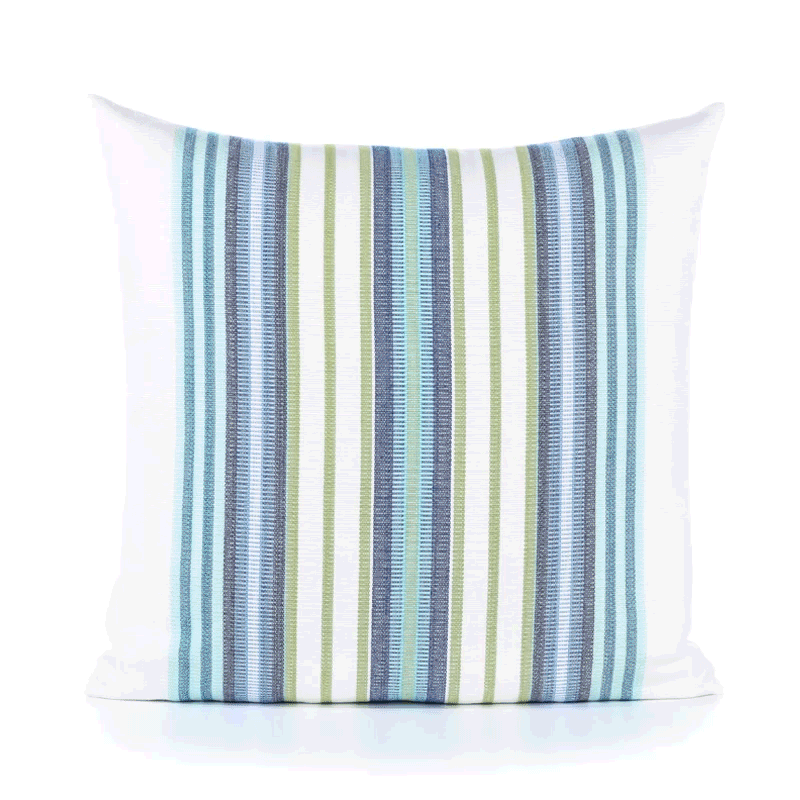 360 video of Green and blue striped pillow in square size for versatile indoor and outdoor decor by Elaine Smith