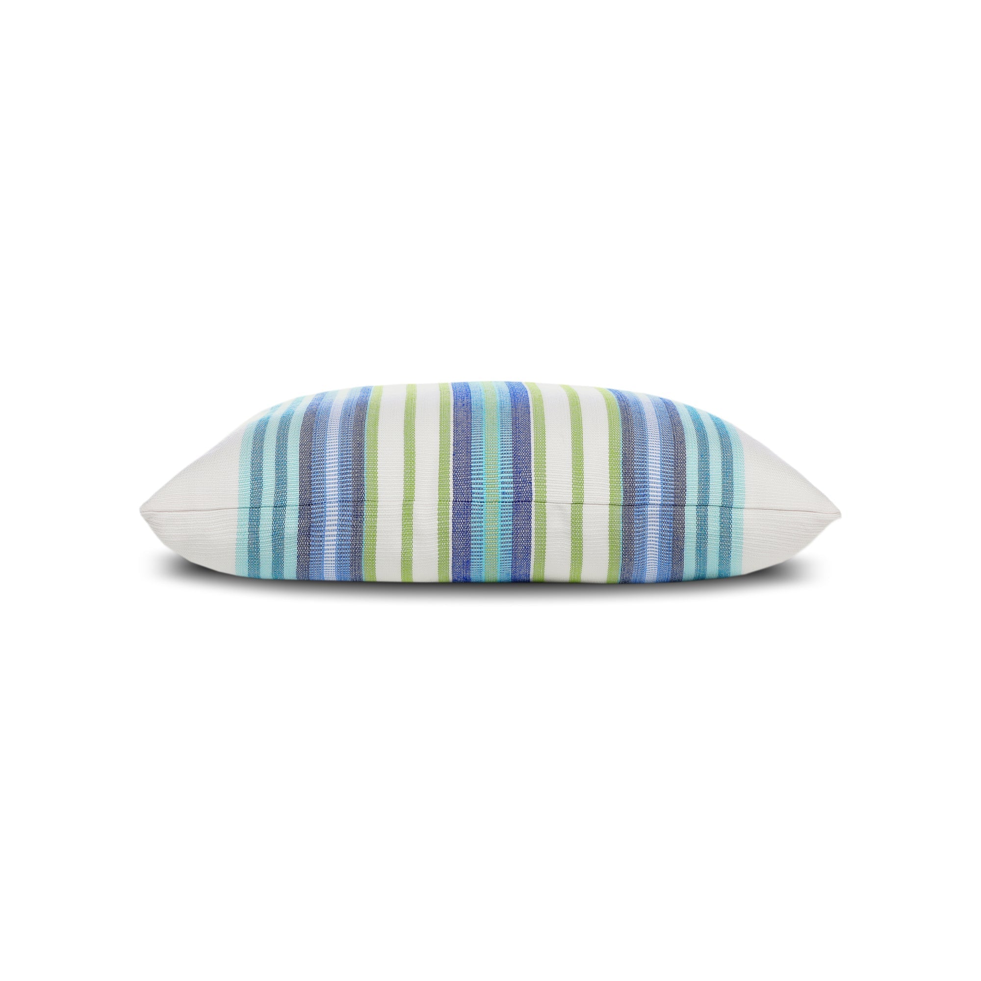 Side image of Green and blue striped pillow in square size for versatile indoor and outdoor decor by Elaine Smith
