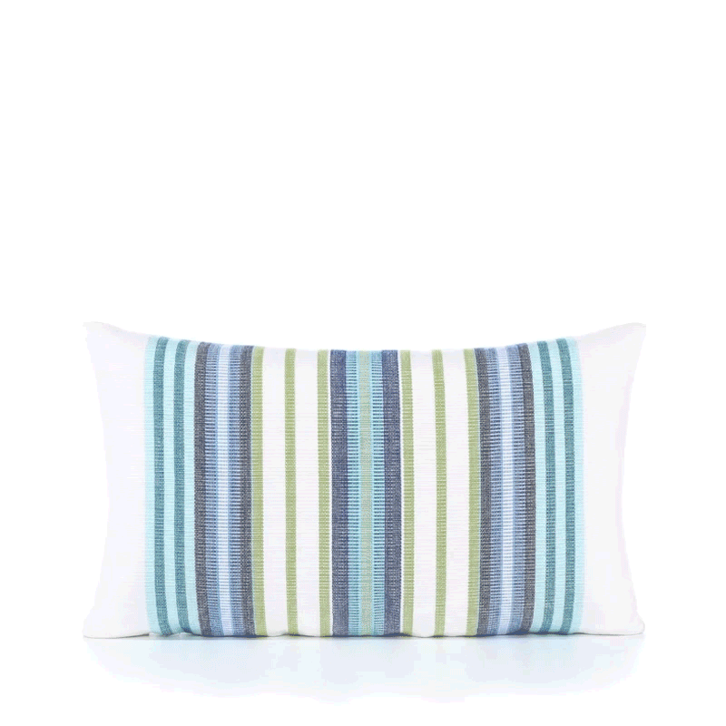 360 video of Green and blue striped pillow in lumbar size for timeless indoor and outdoor decor
