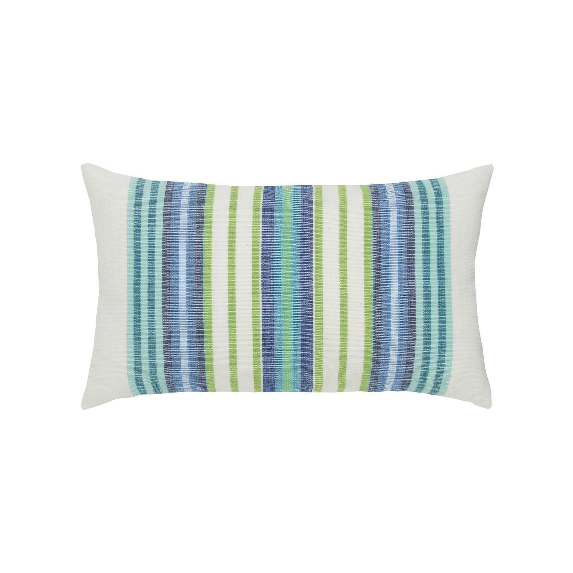 Green and blue striped pillow in lumbar size for timeless indoor and outdoor decor