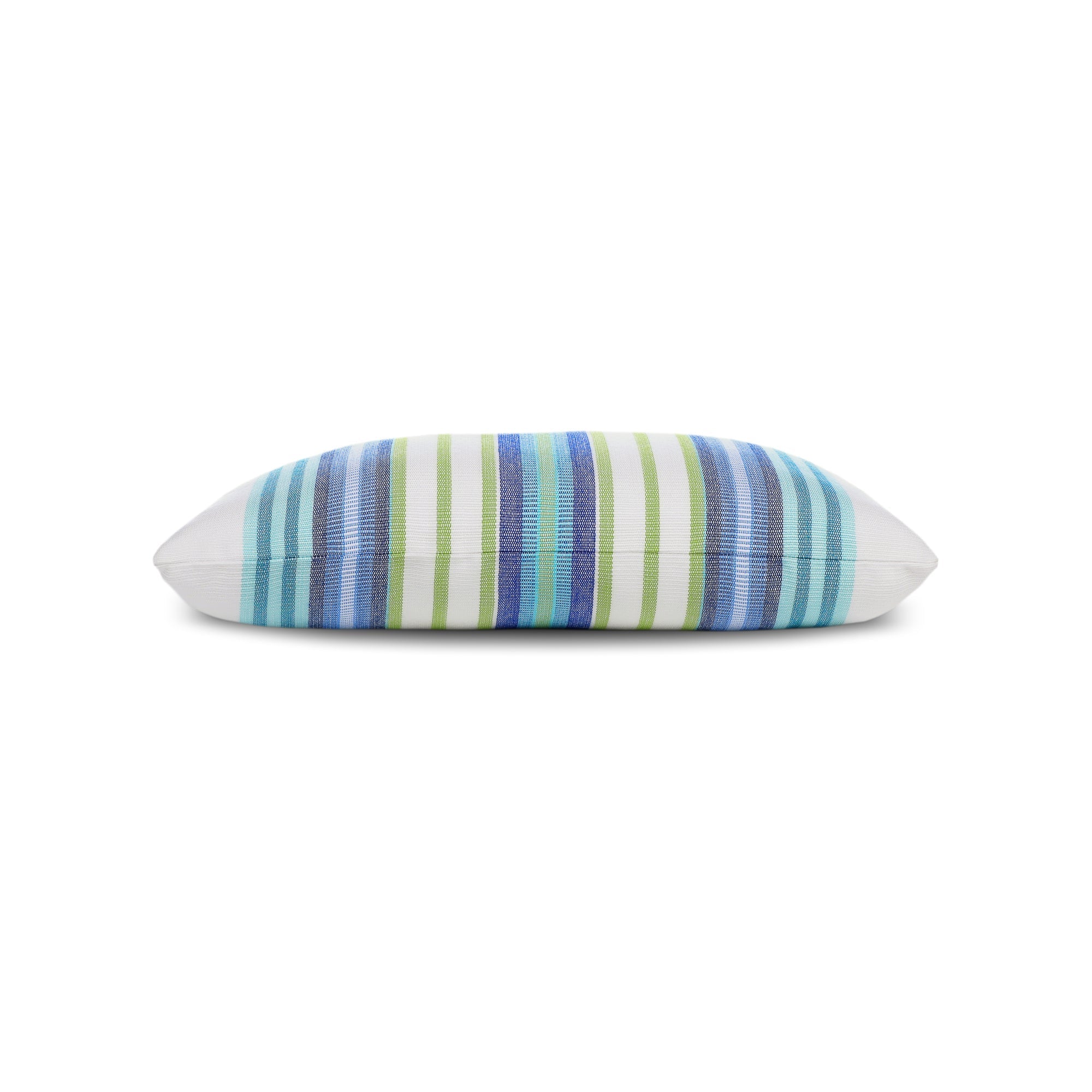 Side image of Green and blue striped pillow in lumbar size for timeless indoor and outdoor decor