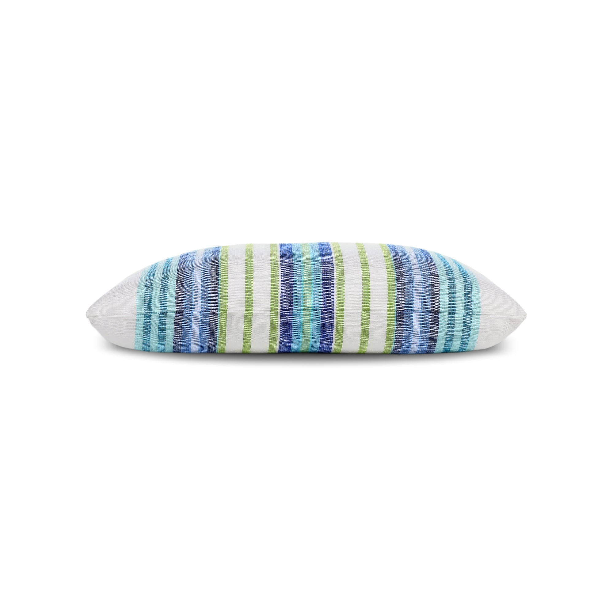 Side image of Green and blue striped pillow in lumbar size for timeless indoor and outdoor decor