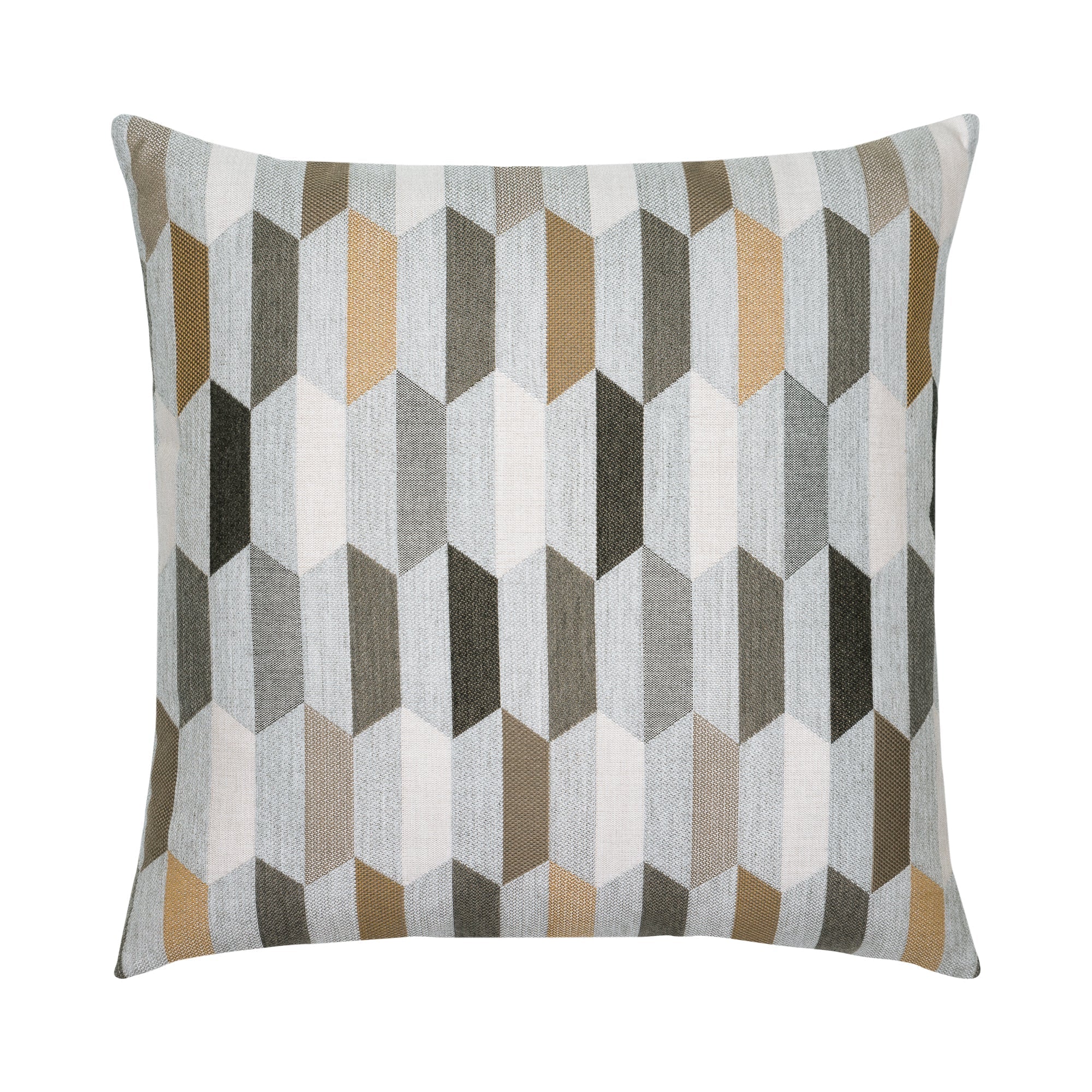 Beige outdoor pillow with geometric block pattern, lumbar size for earthy outdoor decor