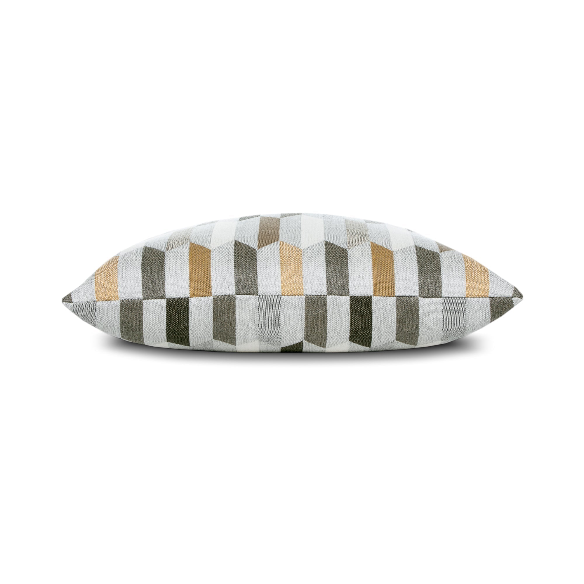 Side image of Beige outdoor pillow with geometric block pattern, lumbar size for earthy outdoor decor