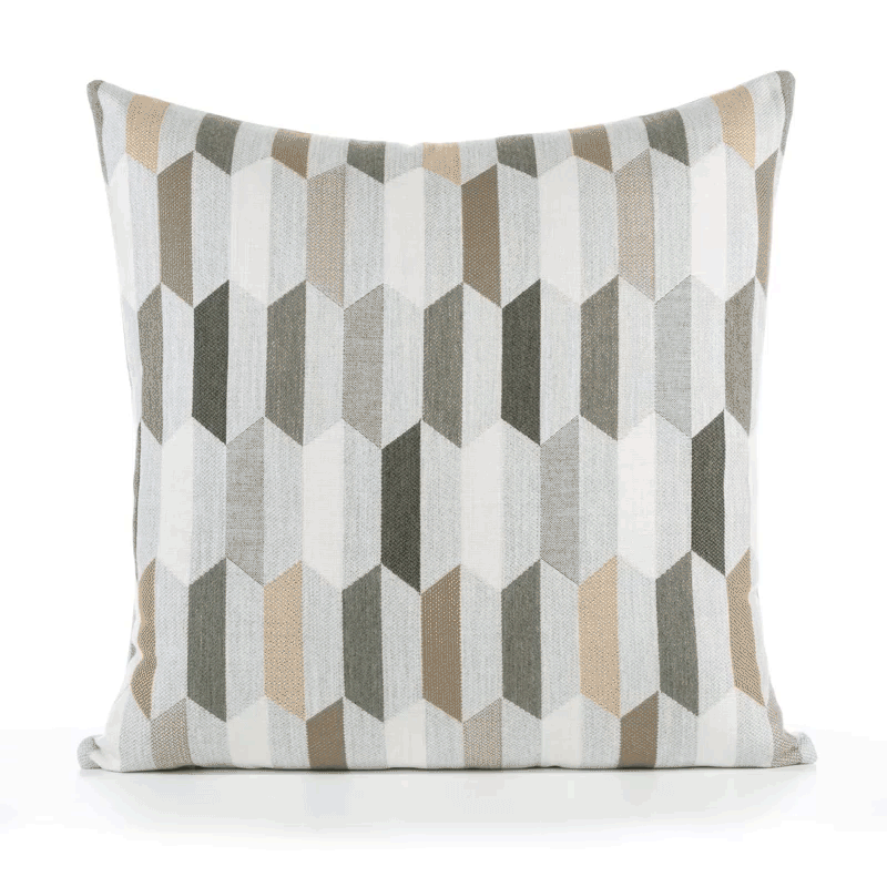 360 video of Beige outdoor pillow with geometric block pattern, square size for natural outdoor aesthetics