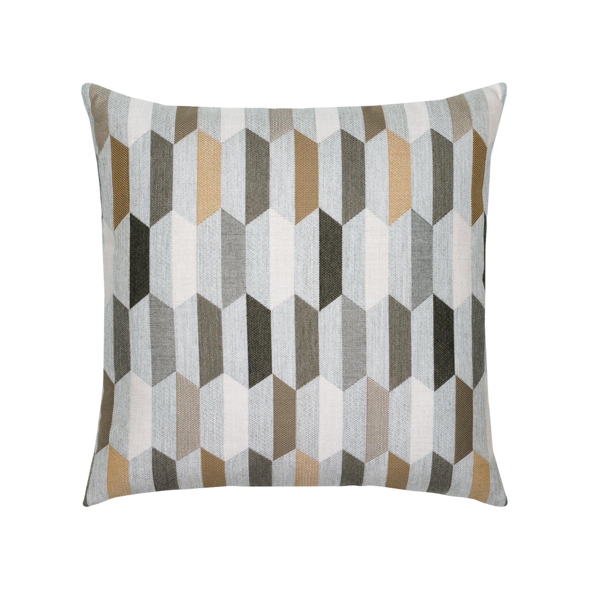 Beige outdoor pillow with geometric block pattern, square size for natural outdoor aesthetics