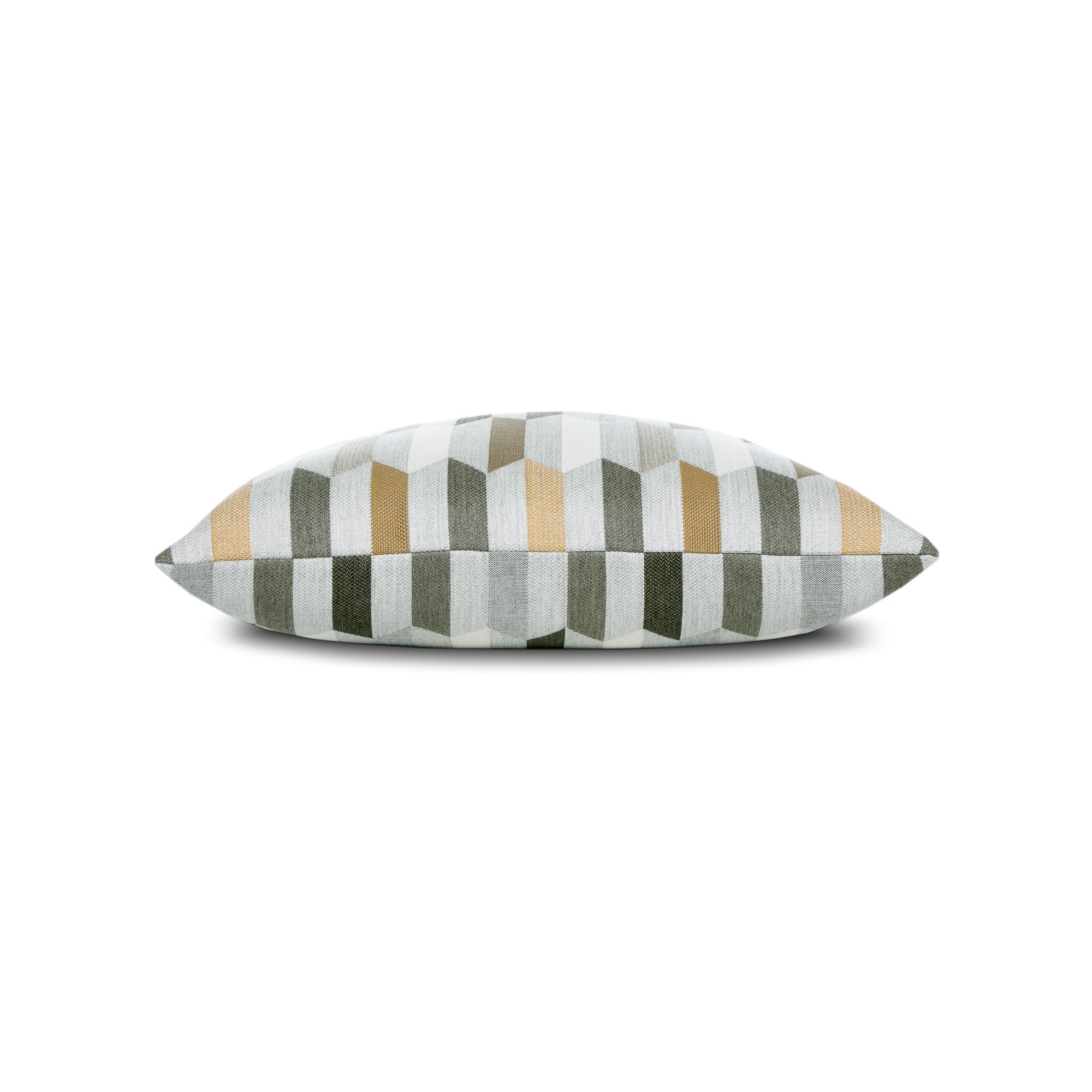 Side image of Beige outdoor pillow with geometric block pattern, square size for natural outdoor aesthetics