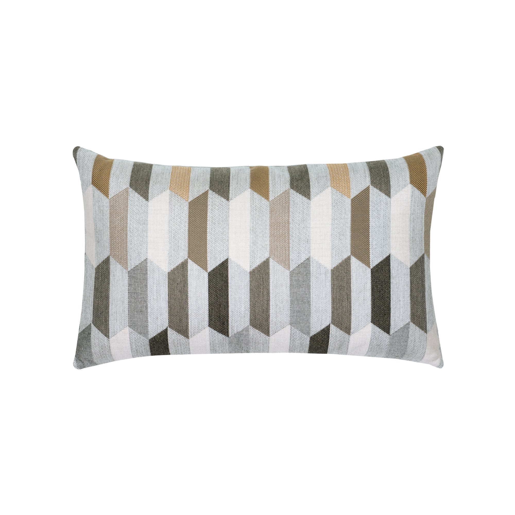Gray outdoor pillow with geometric block pattern, lumbar size for elegant outdoor seating by Elaine Smith