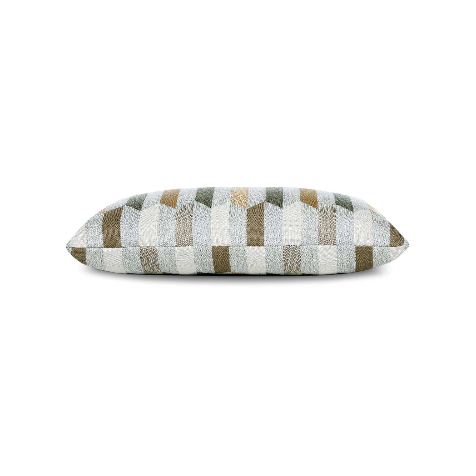 Side image of Gray outdoor pillow with geometric block pattern, lumbar size for elegant outdoor seating by Elaine Smith