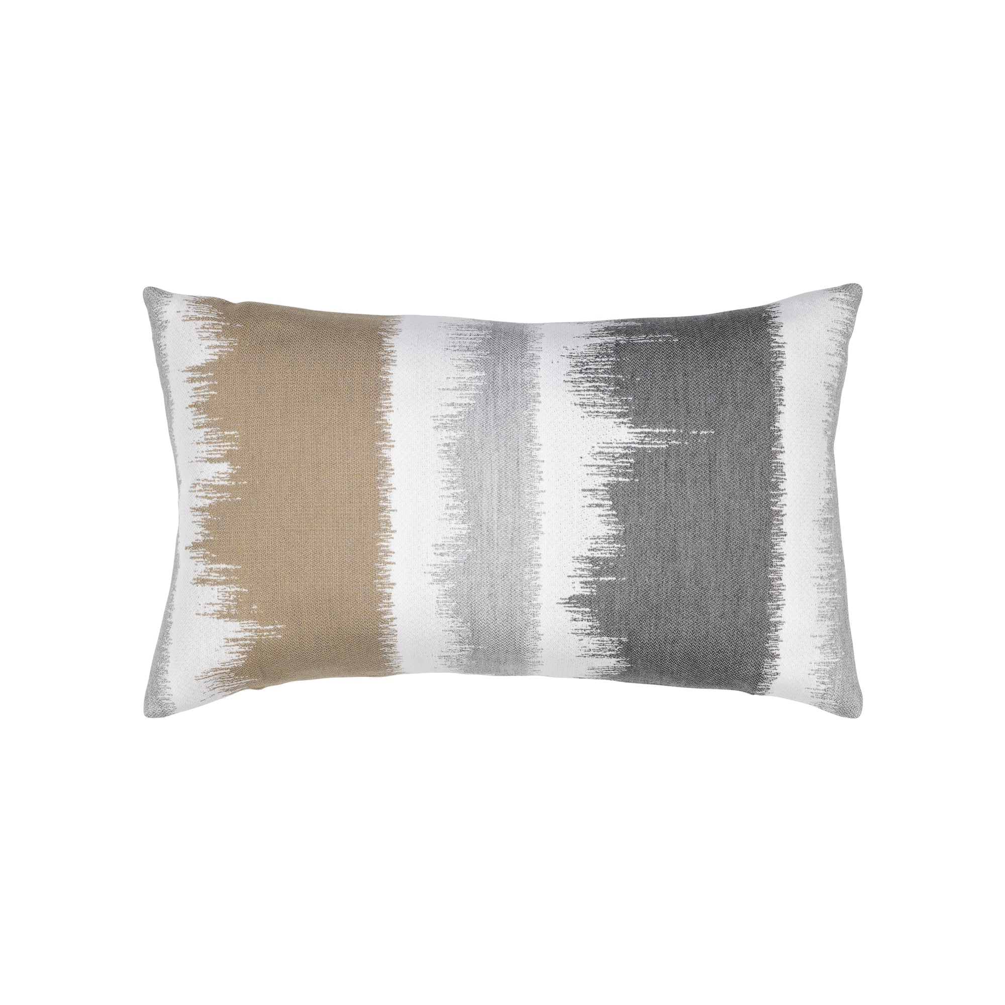 Back image of Tan and gray ombre striped outdoor pillow lumbar size for neutral indoor and outdoor decor