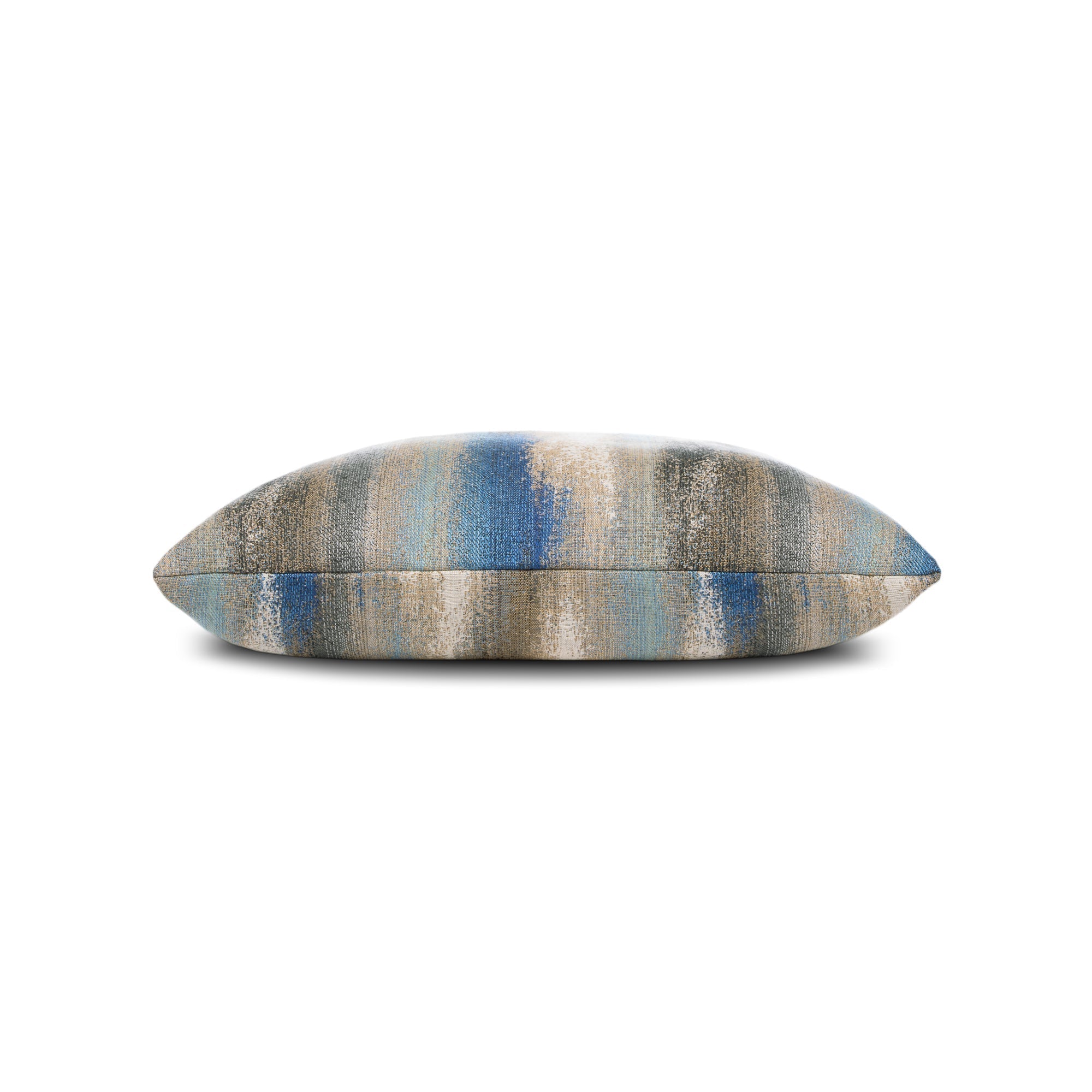 Side image of Blue and taupe abstract pillow square size for modern indoor and outdoor decor