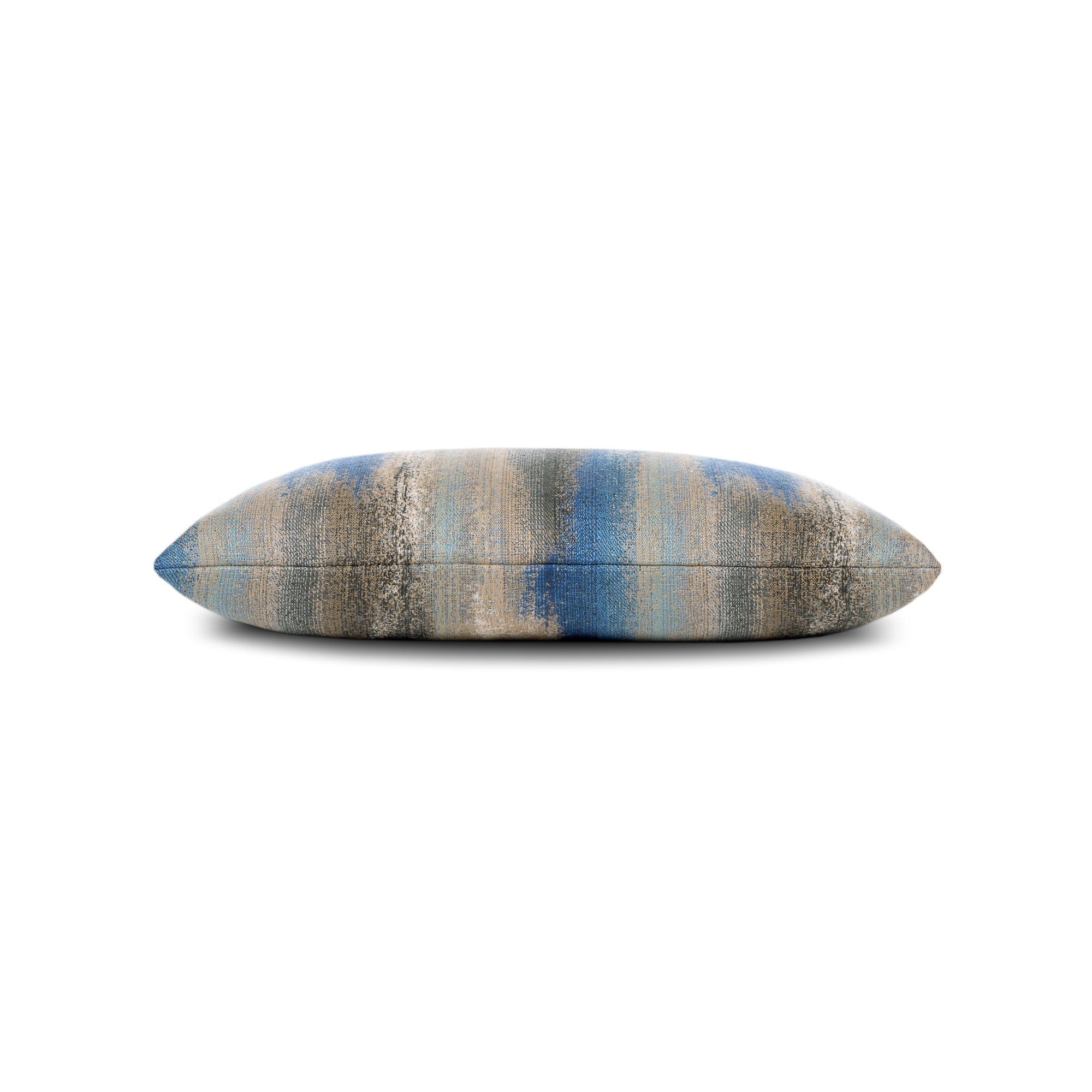 Side image of Blue and taupe abstract pillow lumbar size for artistic indoor and outdoor decor