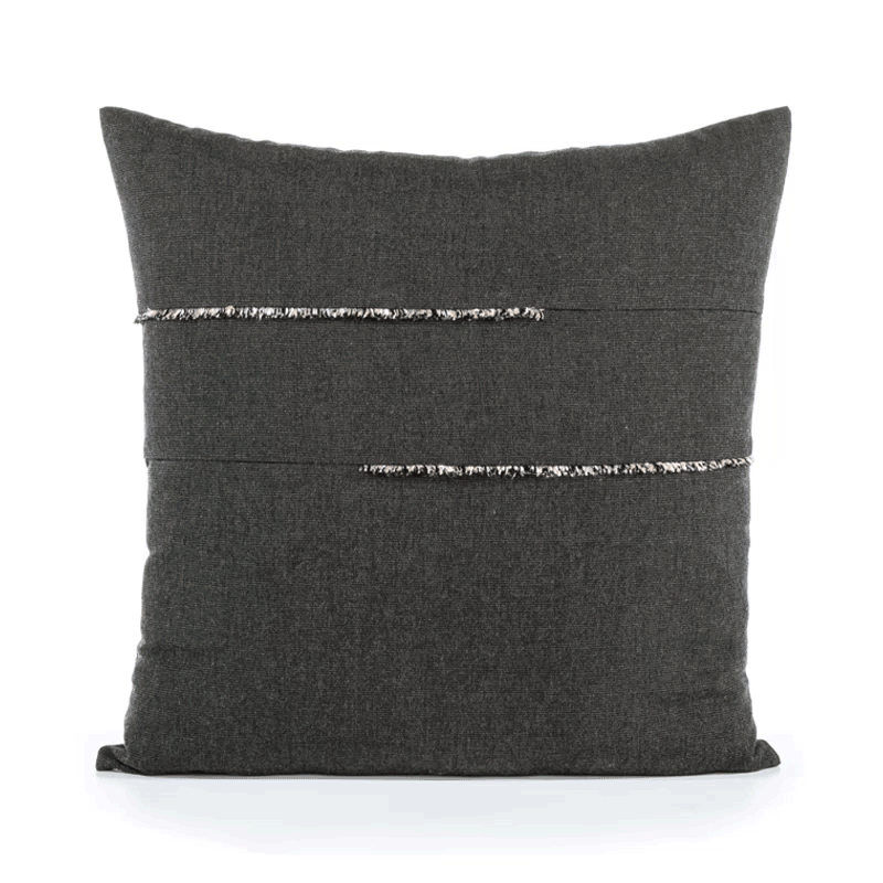 360 video of Carbon black pillow with micro fringe details in square size for dramatic indoor and outdoor decor