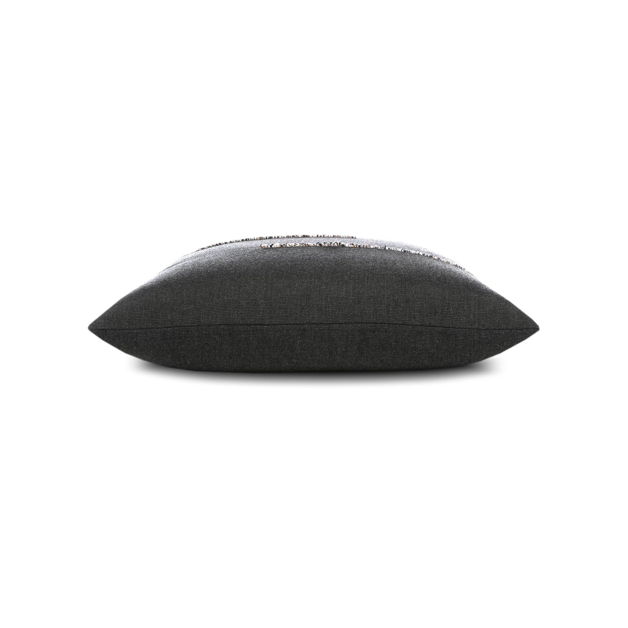 Side image of Carbon black pillow with micro fringe details in square size for dramatic indoor and outdoor decor