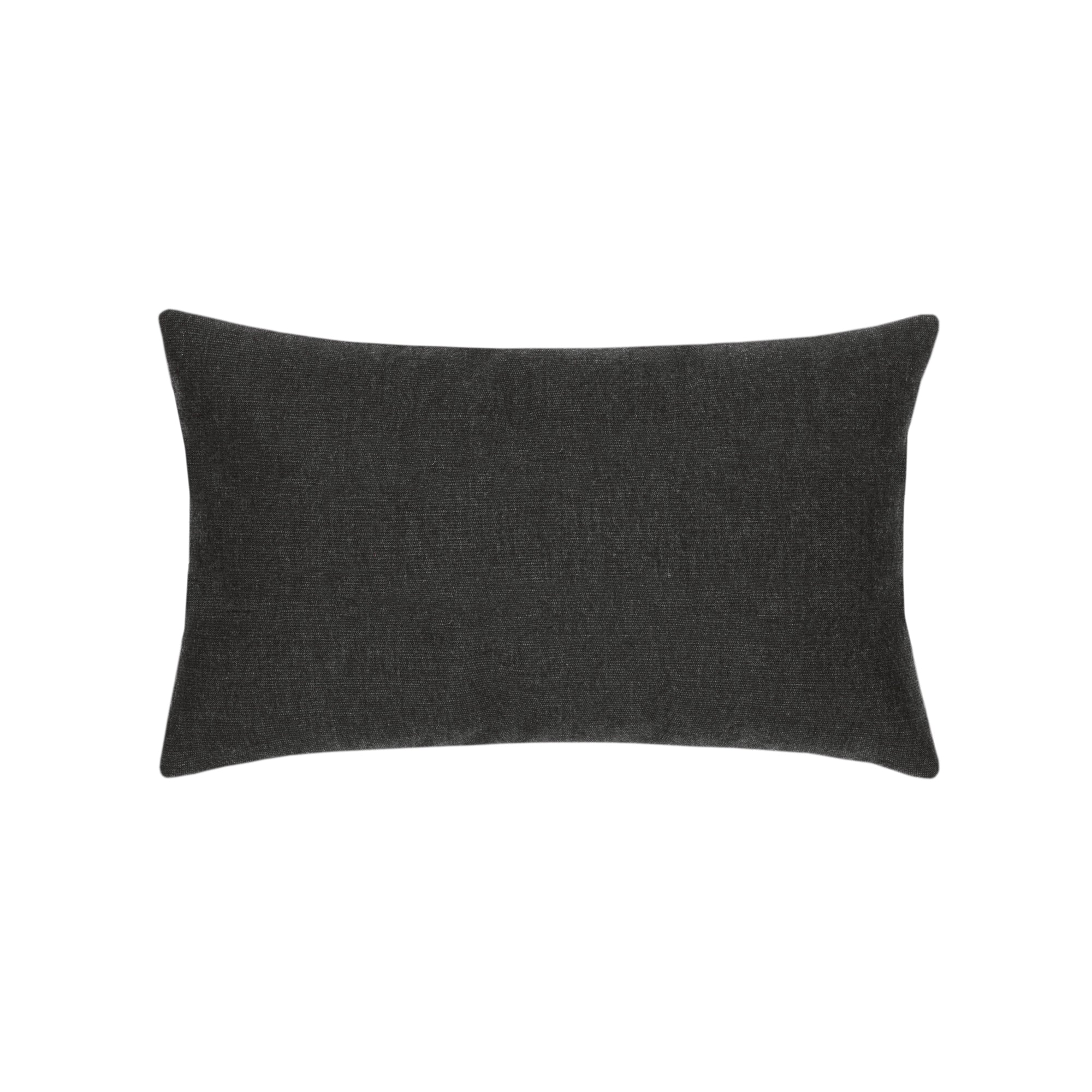 Back image of Carbon black pillow with micro fringe details in lumbar size for dramatic indoor and outdoor decor