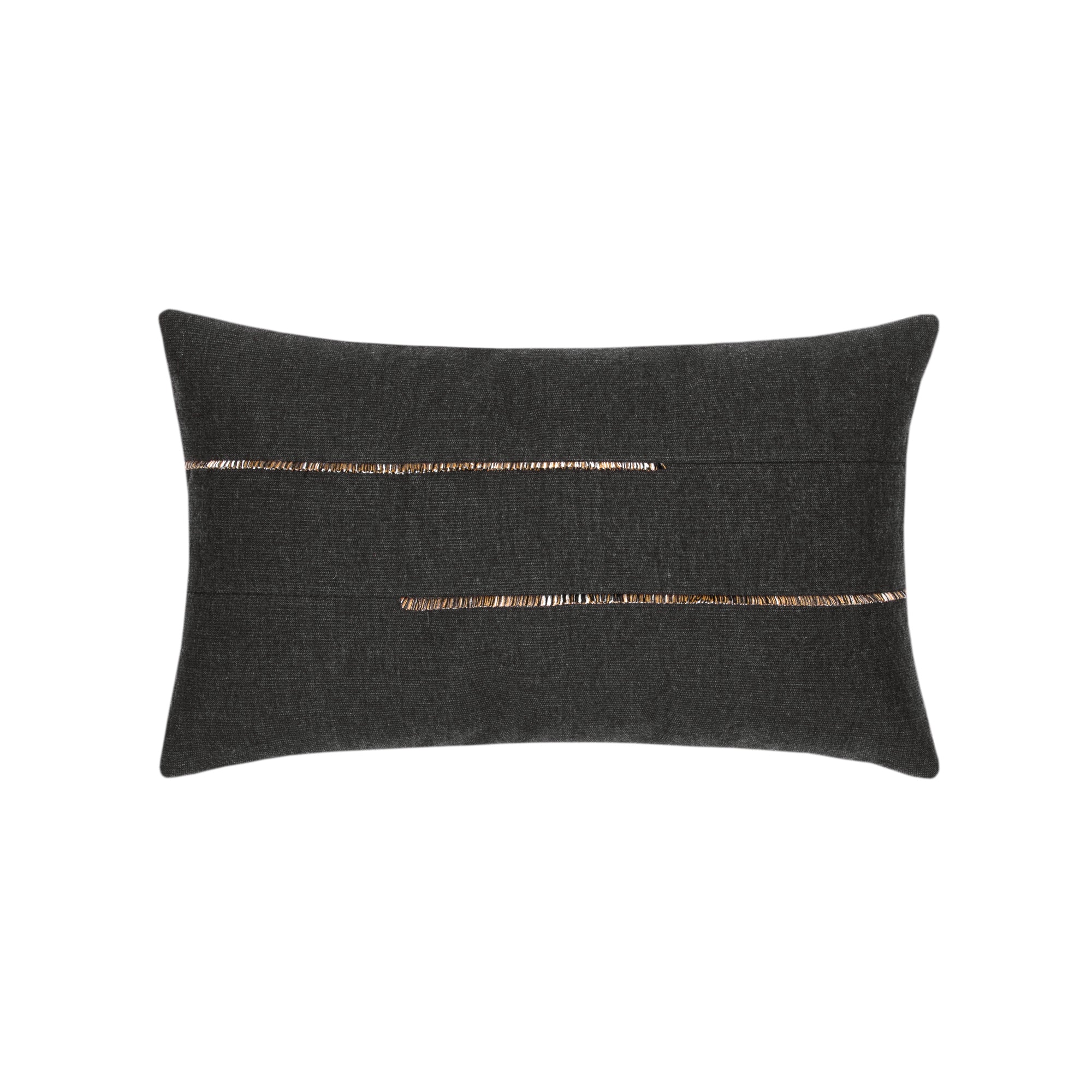 Carbon black pillow with micro fringe details in lumbar size for dramatic indoor and outdoor decor