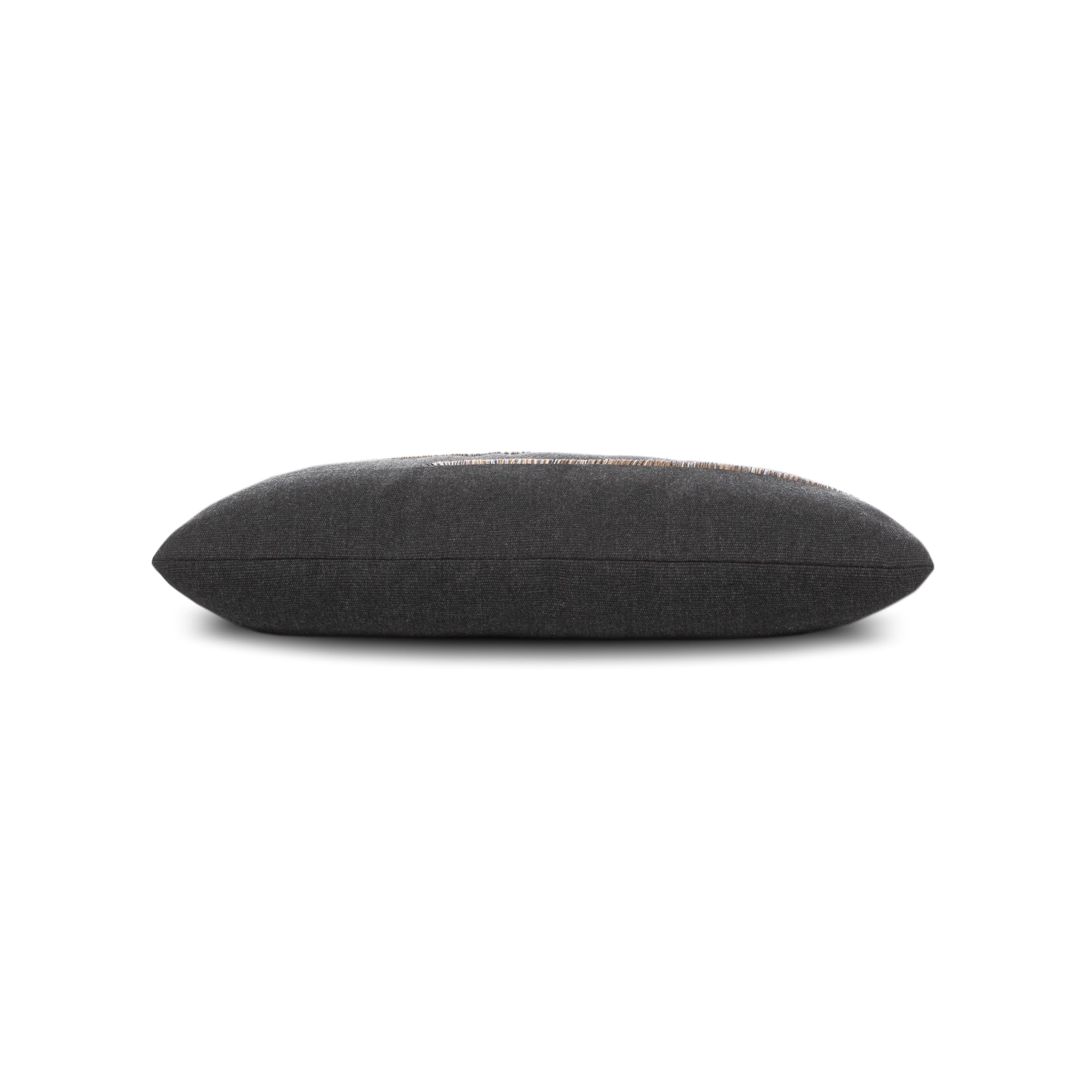 Side image of Carbon black pillow with micro fringe details in lumbar size for dramatic indoor and outdoor decor