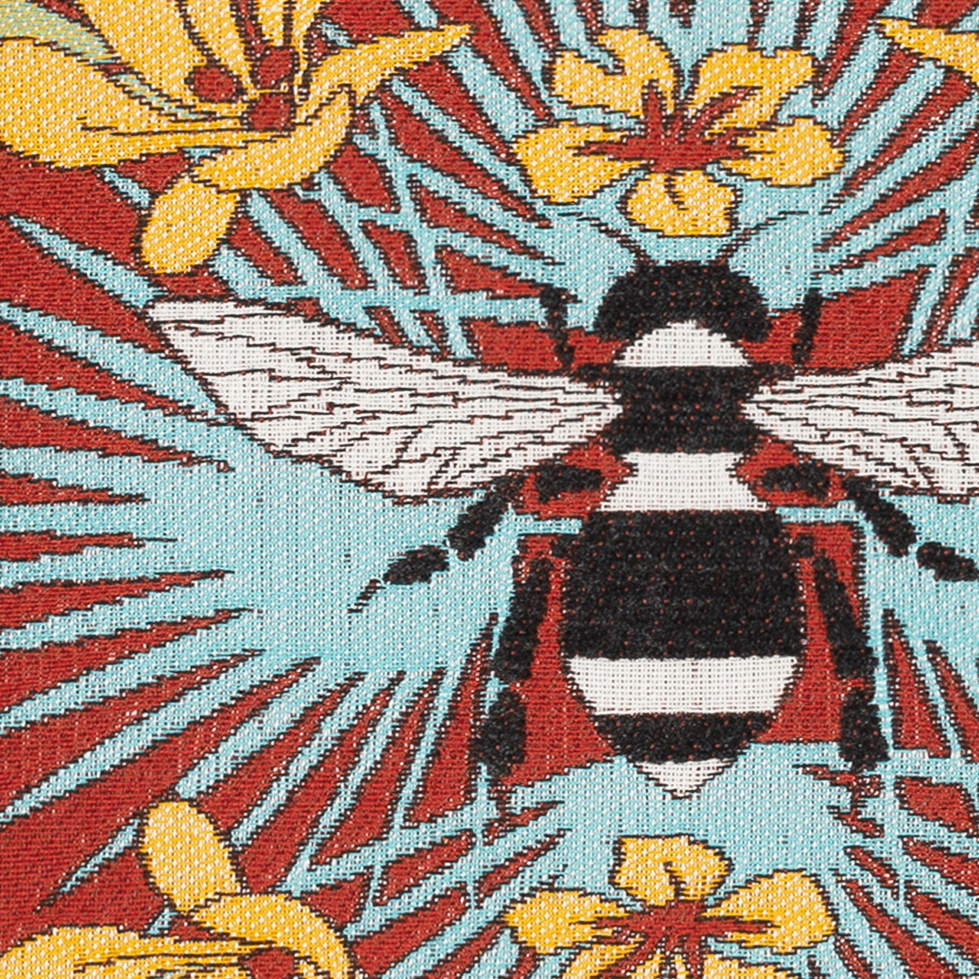 Detail image of Red floral and botanical bee pillow in square size for lively indoor and outdoor decor