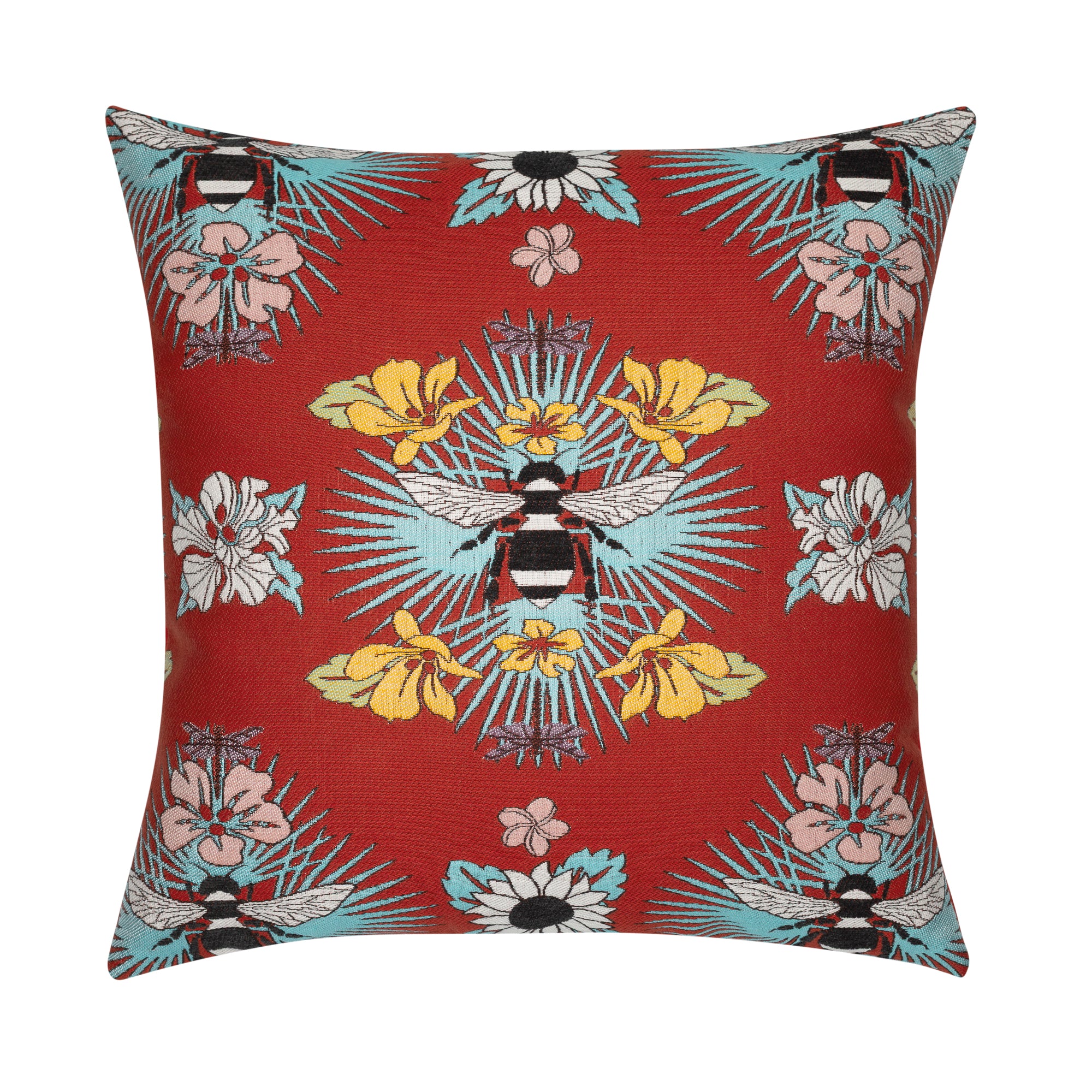 Red floral and botanical bee pillow in square size for lively indoor and outdoor decor