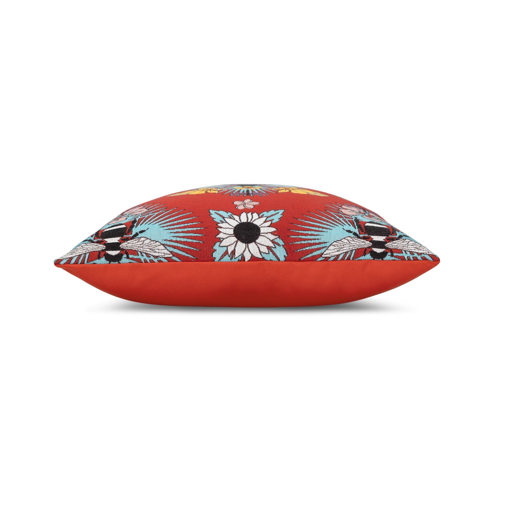 Side image of Red floral and botanical bee pillow in square size for lively indoor and outdoor decor