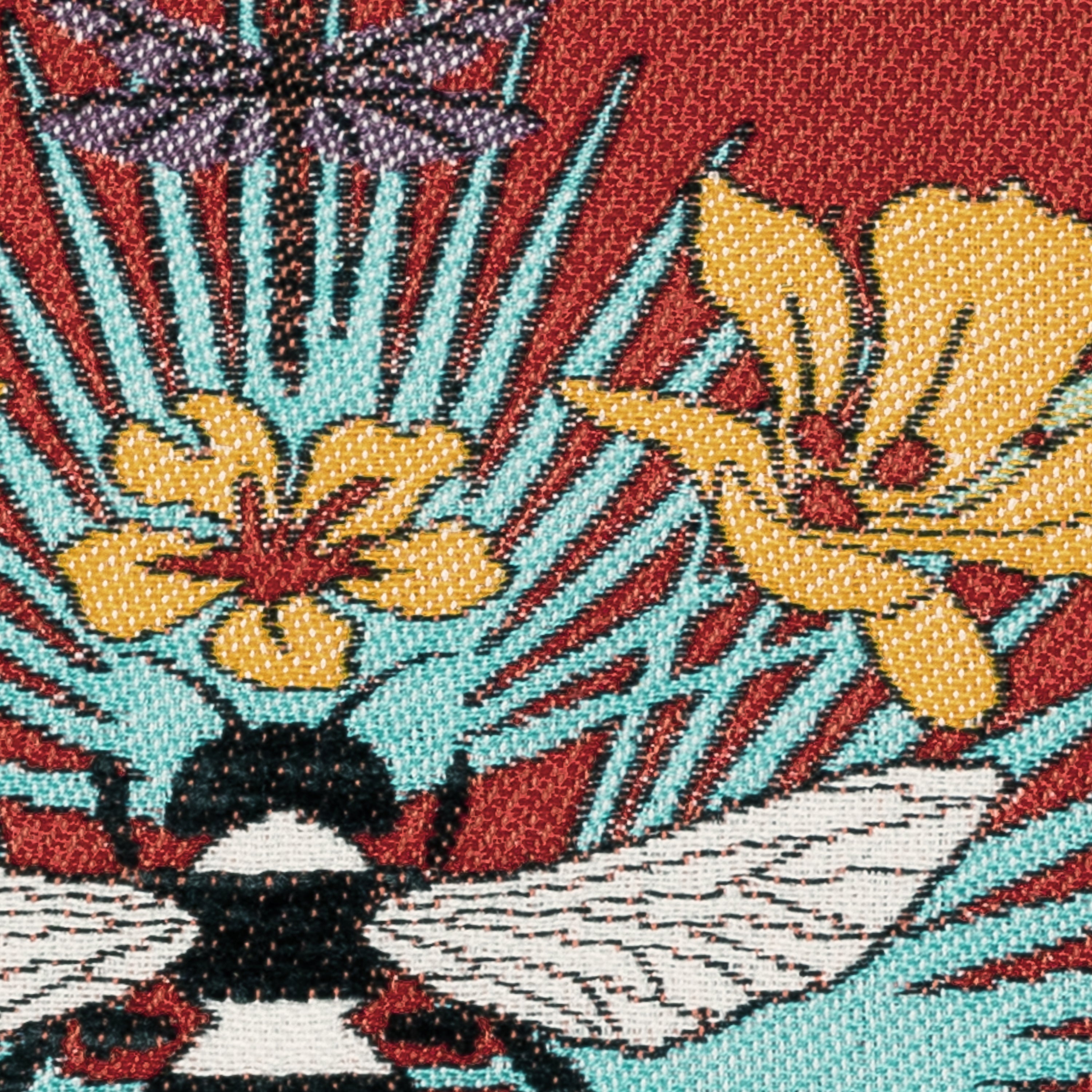 Detail image of Red floral and botanical bee pillow lumbar size for vibrant indoor and outdoor decor