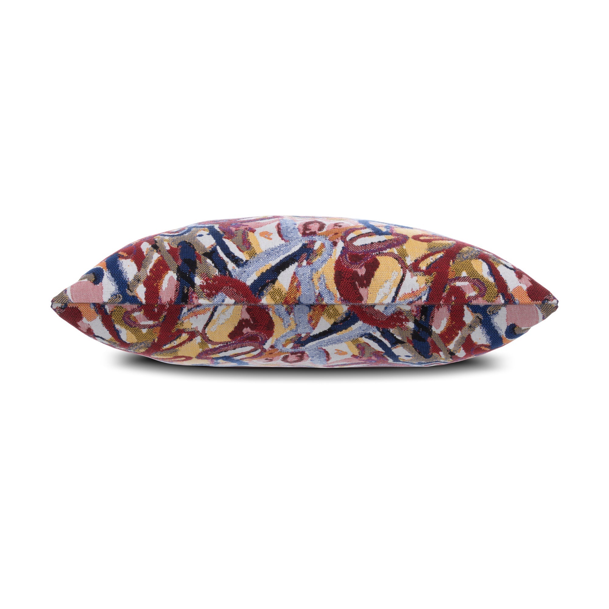 Side image of Red outdoor pillow with abstract pattern square size for modern patio decor