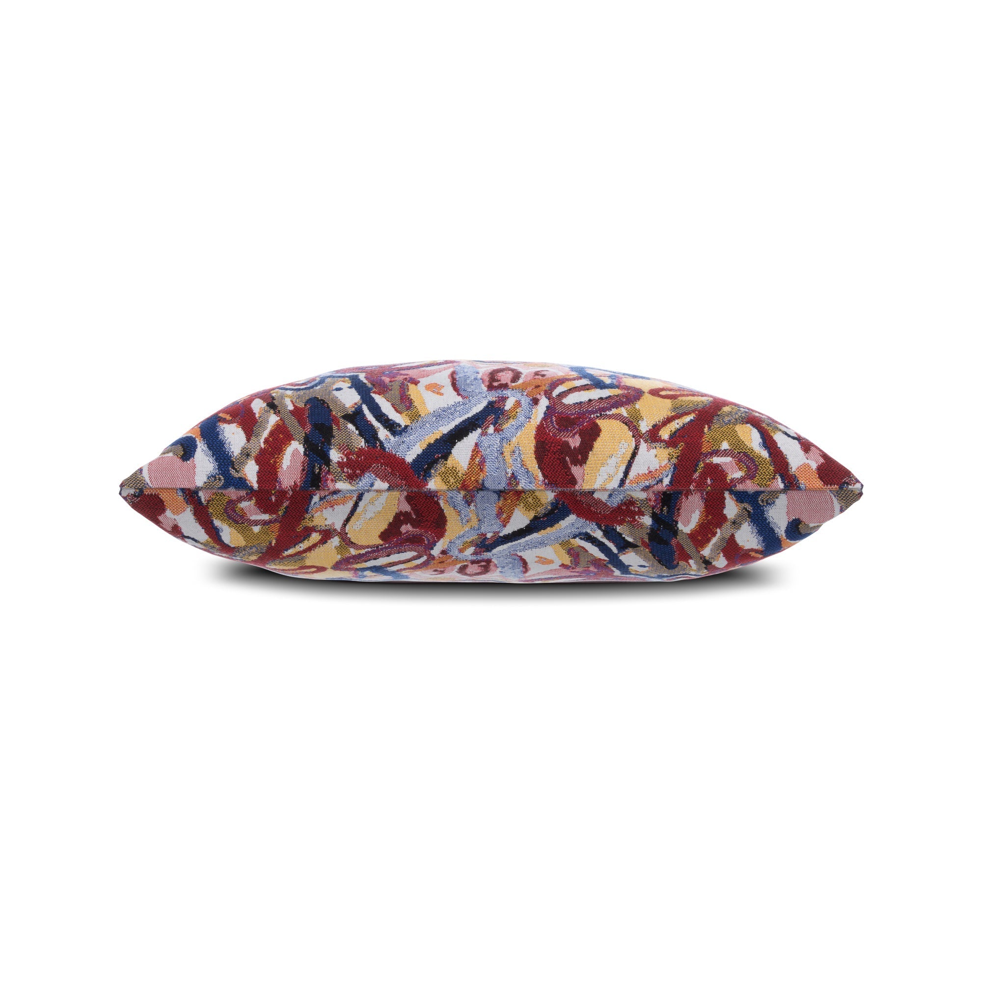 Side image of Red outdoor pillow with abstract pattern square size for sophisticated patio decor