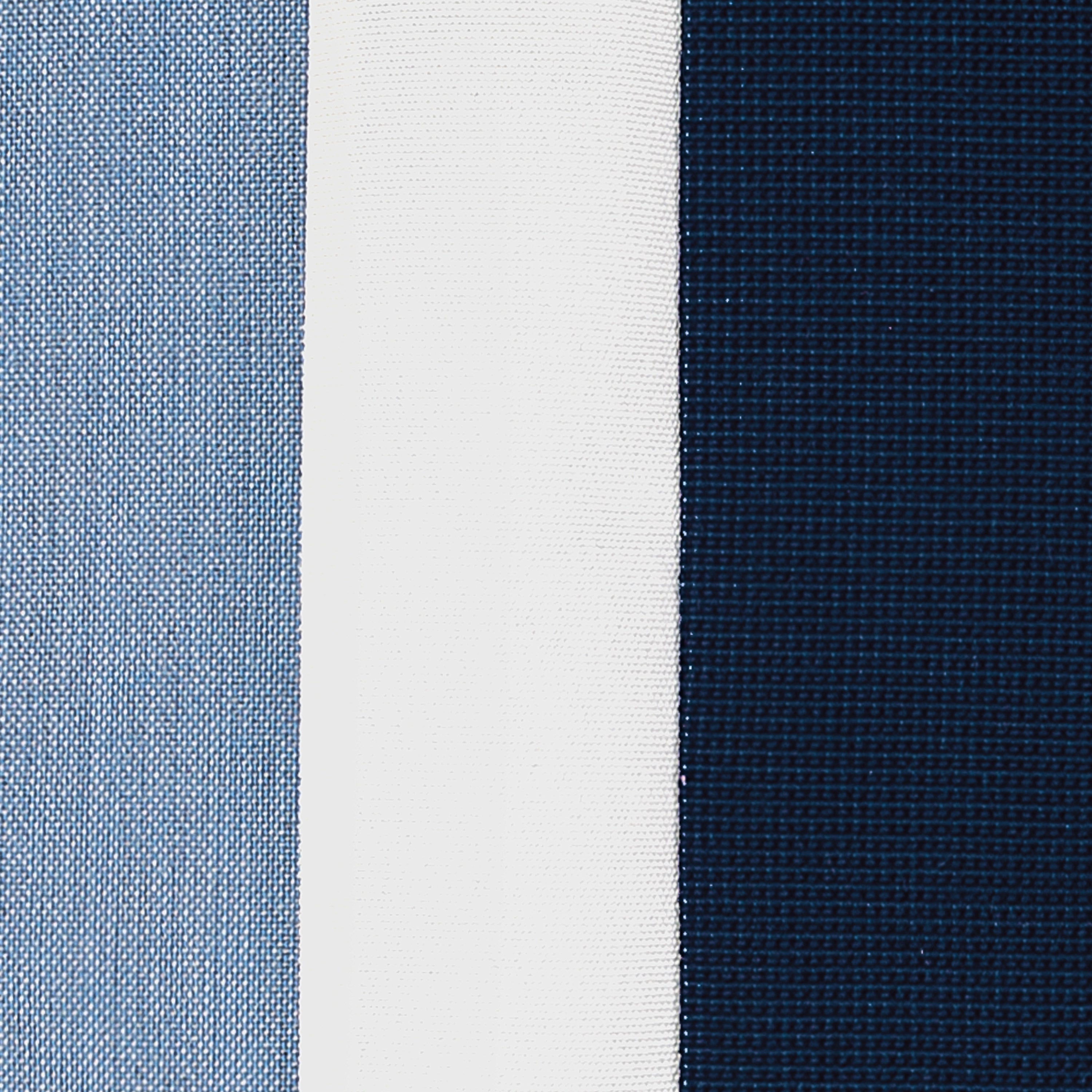 Detail image of Blue outdoor pillow with white and navy center banding in square size for sophisticated indoor and outdoor decor