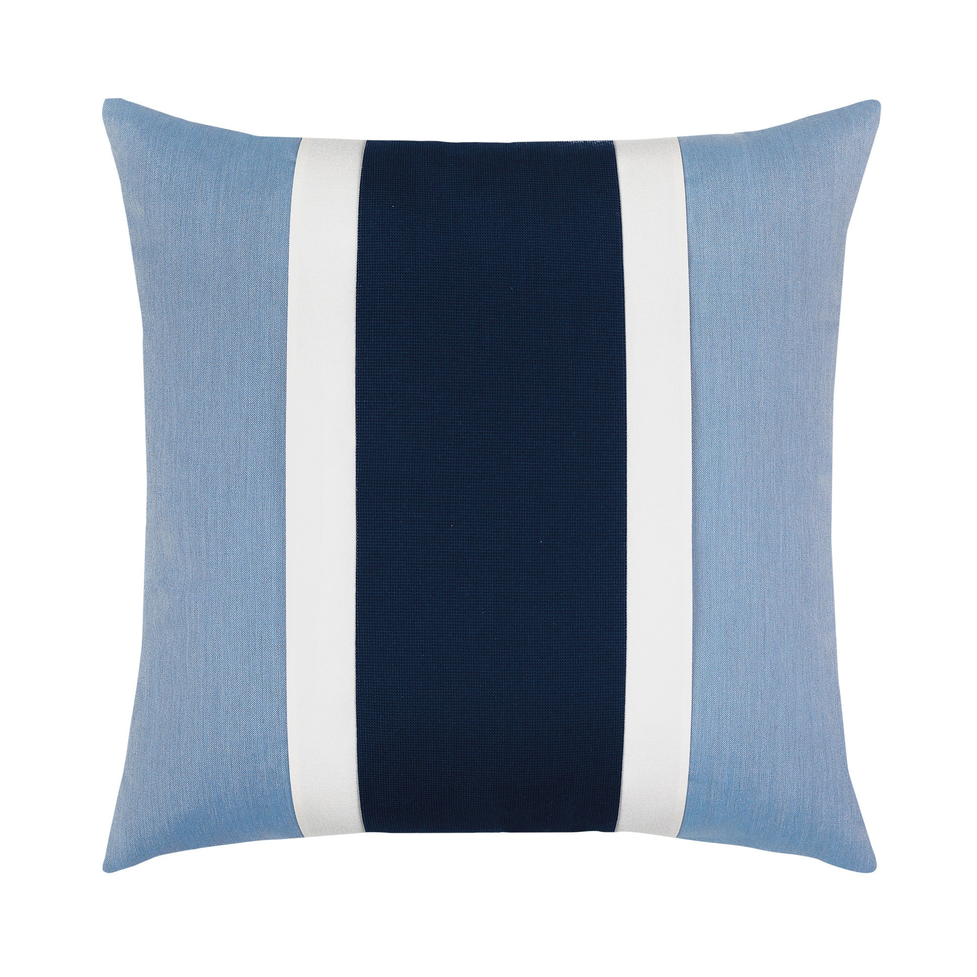 Blue outdoor pillow with white and navy center banding in square size for sophisticated indoor and outdoor decor