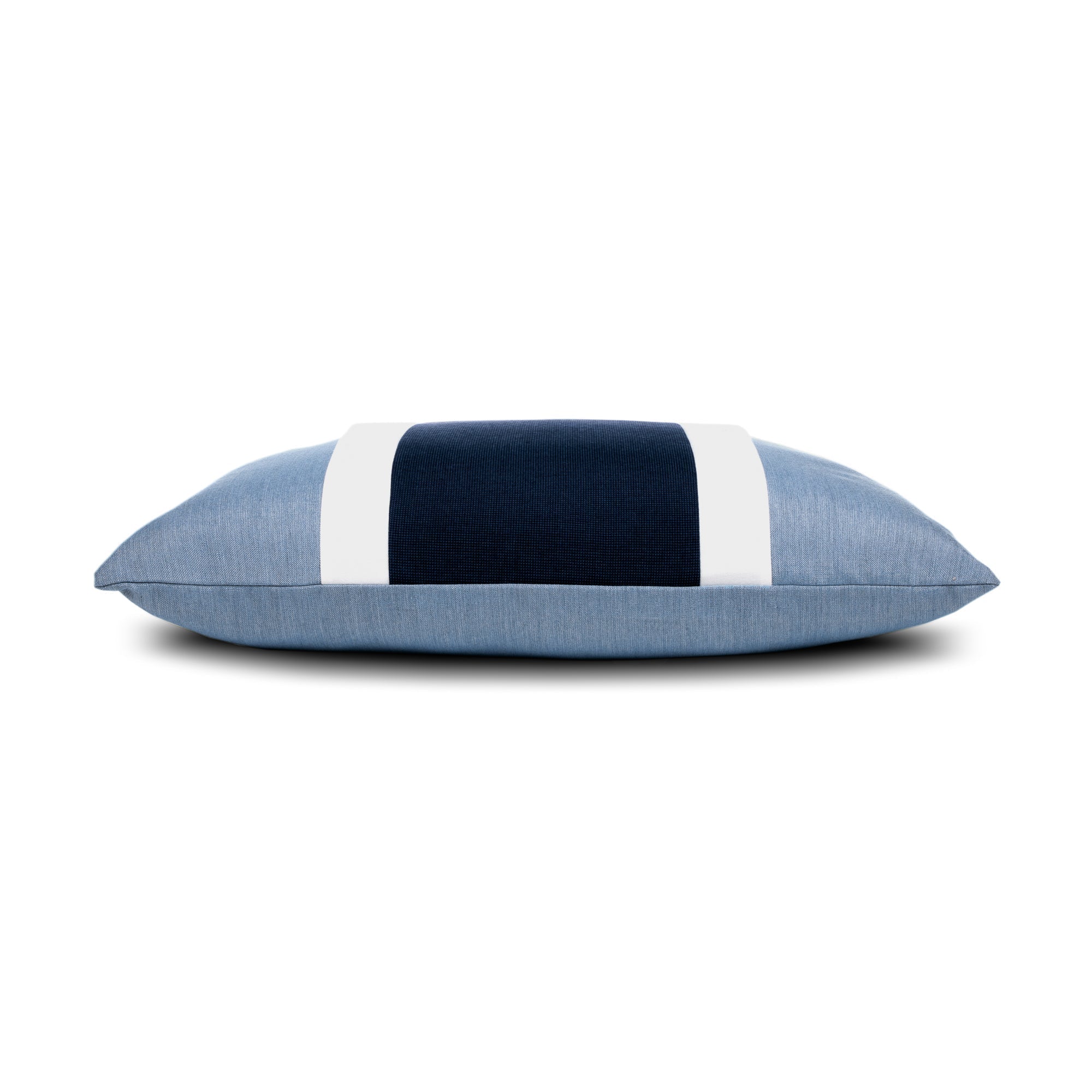 Side image of Blue outdoor pillow with white and navy center banding in square size for sophisticated indoor and outdoor decor