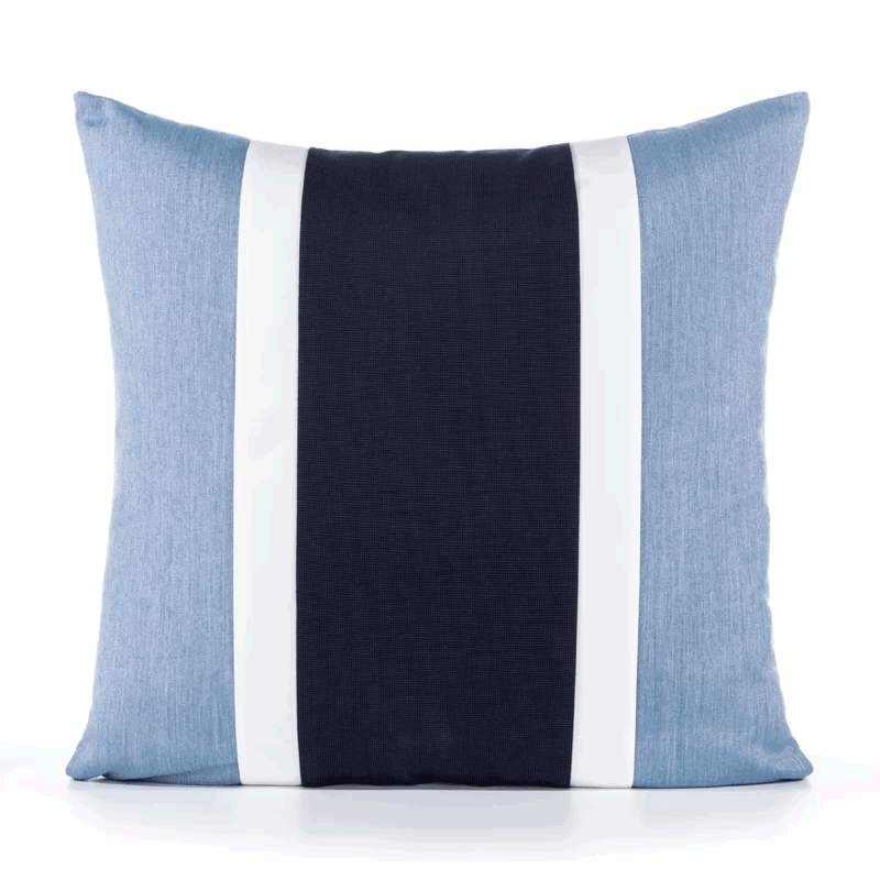 360 video of Blue outdoor pillow with white and navy center banding in square size for chic indoor and outdoor decor