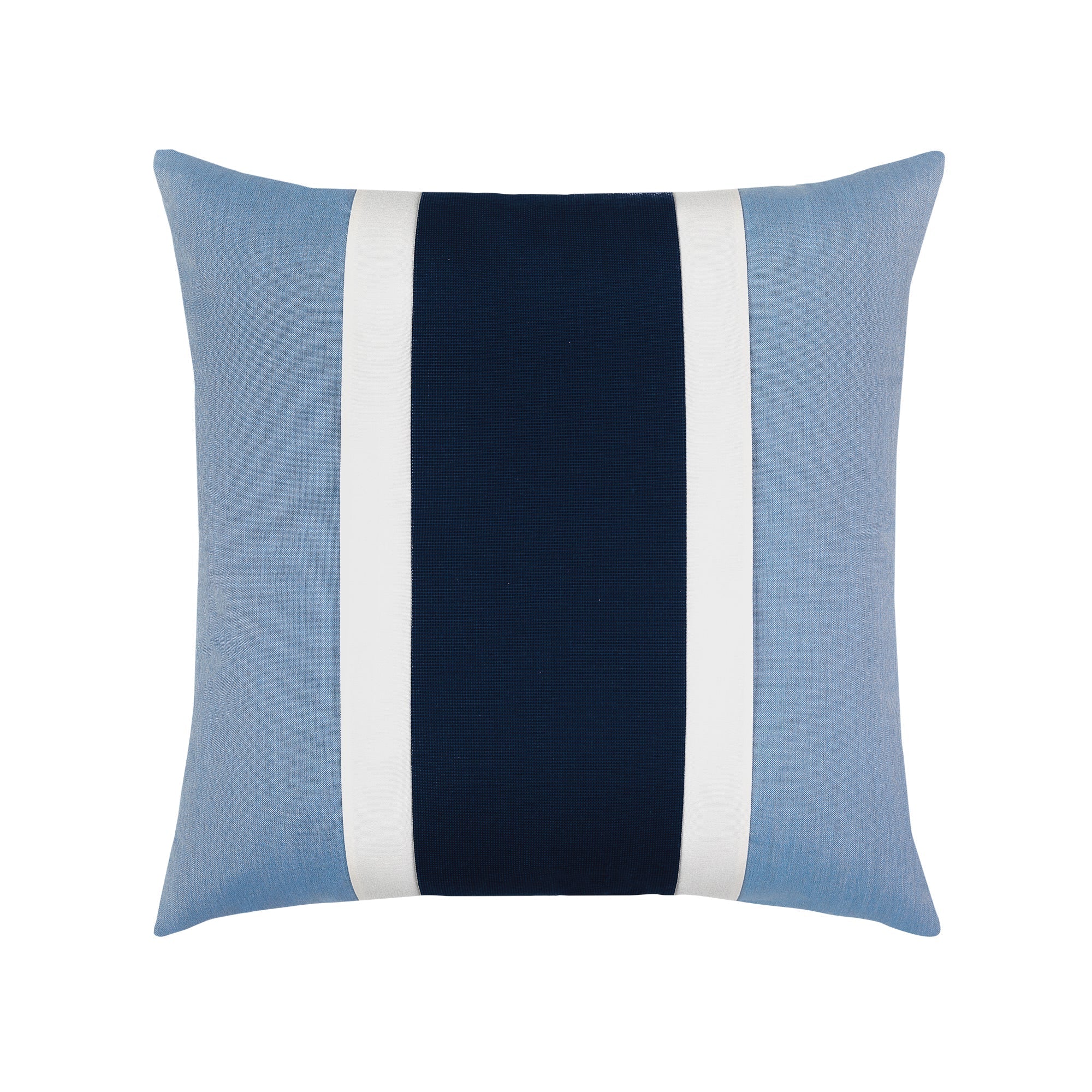 Blue outdoor pillow with white and navy center banding in square size for chic indoor and outdoor decor