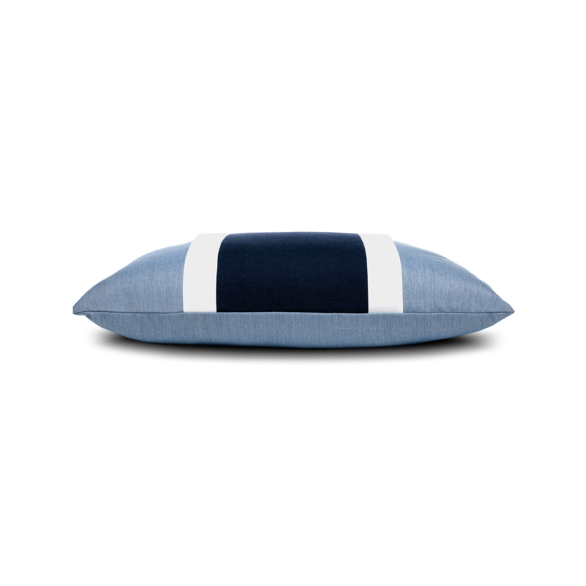 Side image of Blue outdoor pillow with white and navy center banding in square size for chic indoor and outdoor decor
