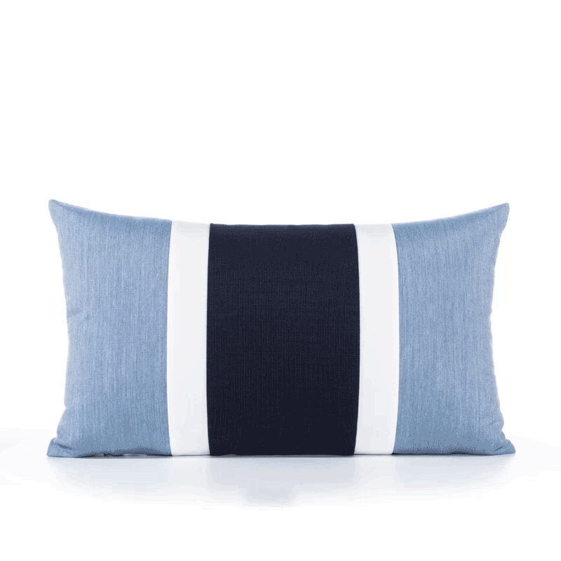 360 video of Blue outdoor pillow with white and navy center banding in lumbar size for modern indoor and outdoor decor