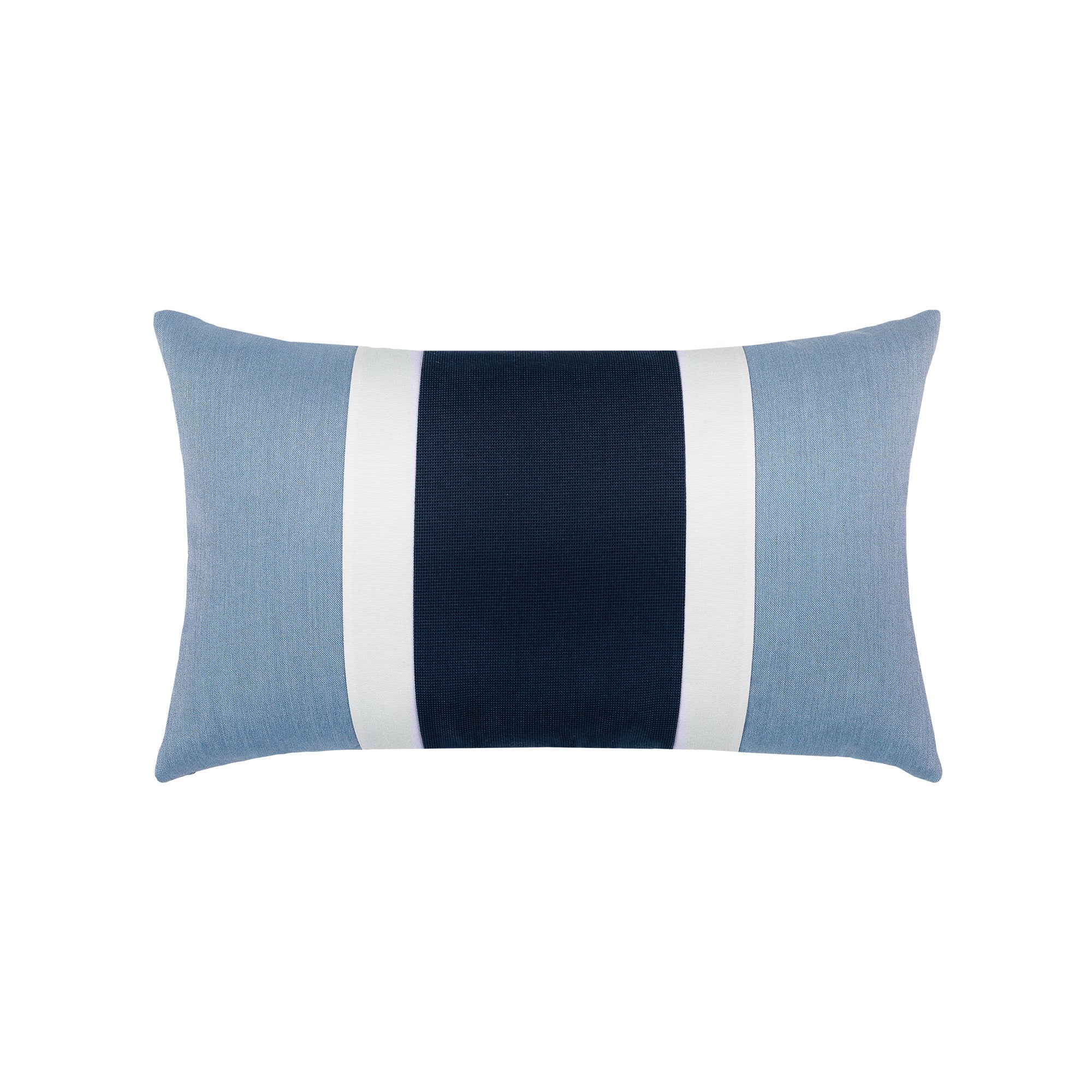 Blue outdoor pillow with white and navy center banding in lumbar size for modern indoor and outdoor decor