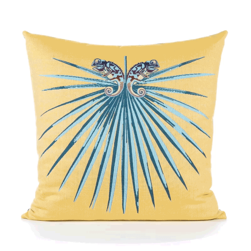360 video of Yellow and blue radial stripe outdoor pillow, square size for vibrant outdoor styling by Elaine Smith