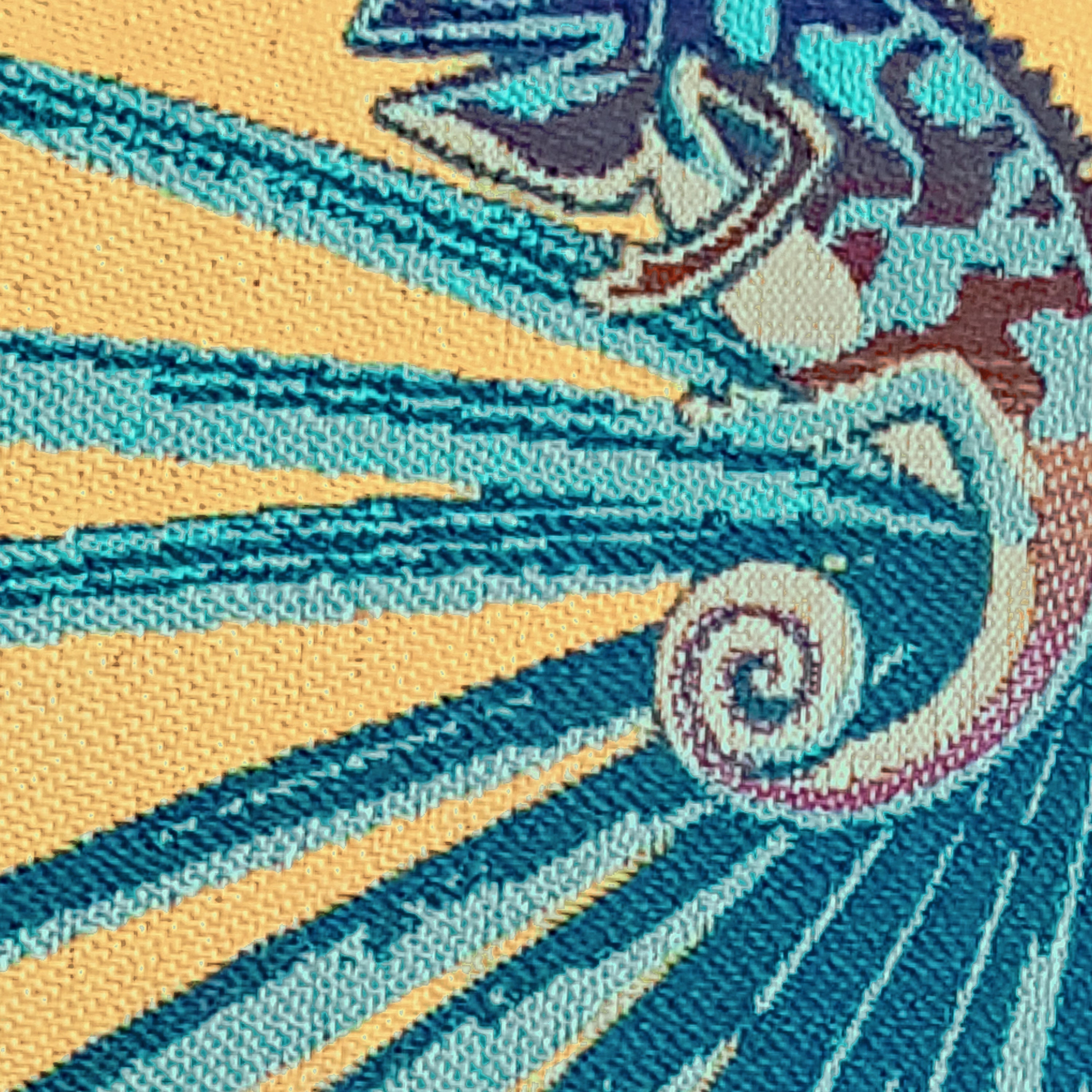Detail image of Yellow and blue radial stripe outdoor pillow, square size for vibrant outdoor styling by Elaine Smith