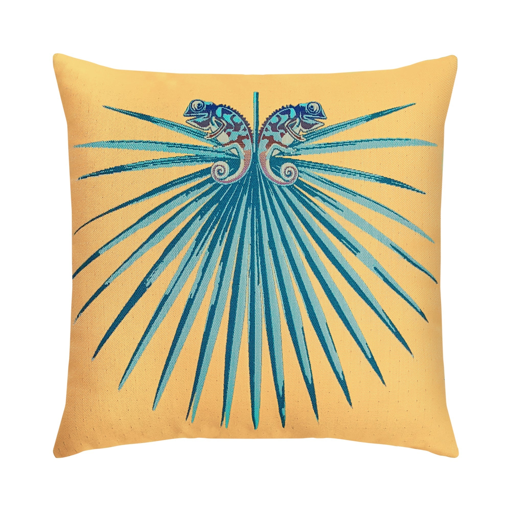 Yellow and blue radial stripe outdoor pillow, square size for vibrant outdoor styling by Elaine Smith