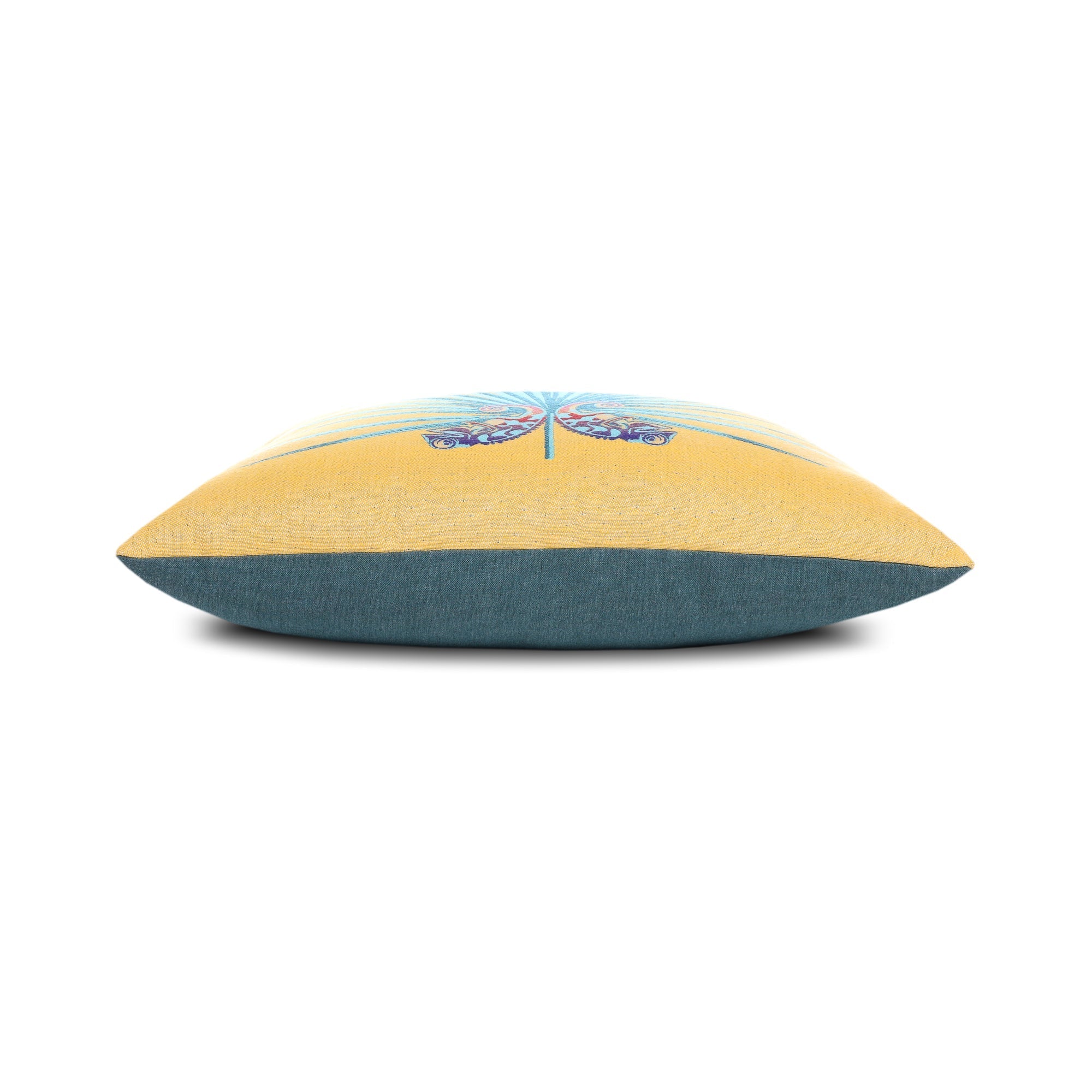 Side image of Yellow and blue radial stripe outdoor pillow, square size for vibrant outdoor styling by Elaine Smith