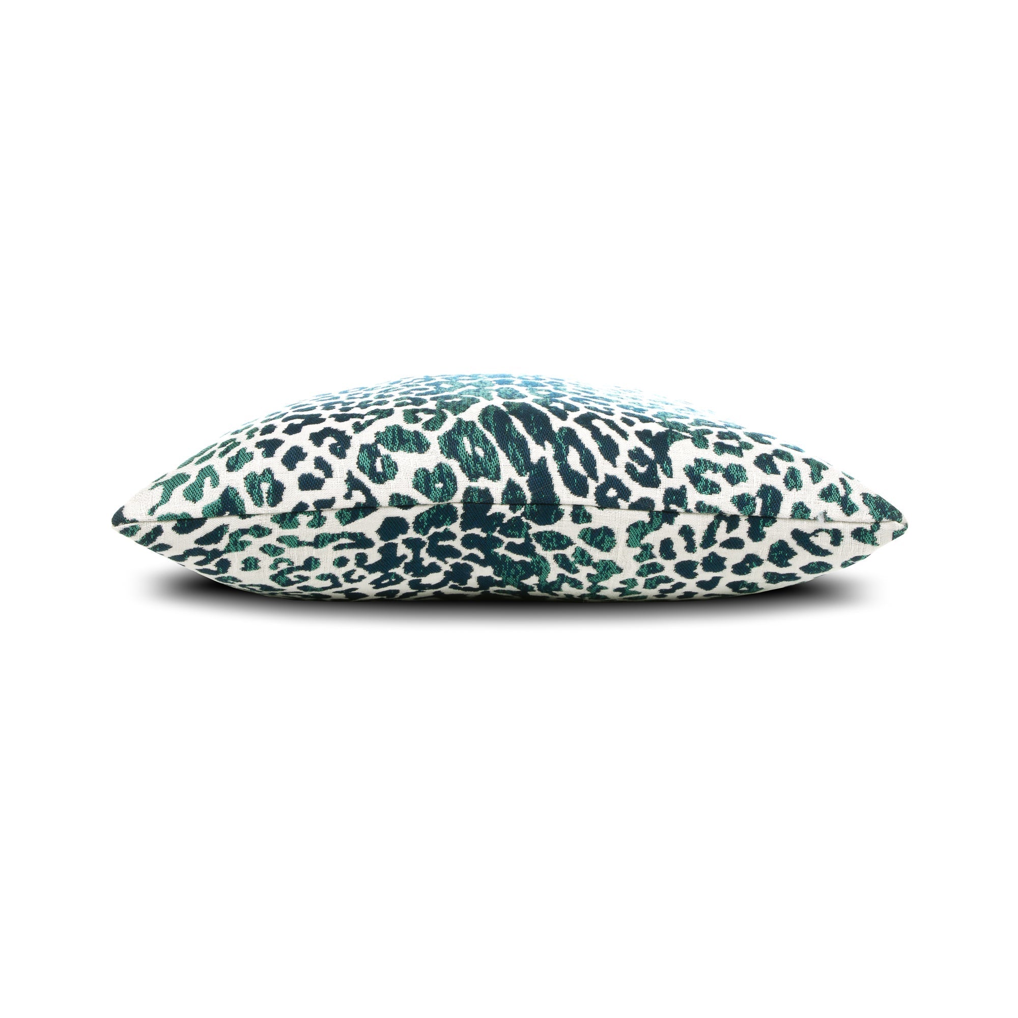 Side image of Animal pattern in teal and dark blue pillow in large square size for indoor and outdoor décor.