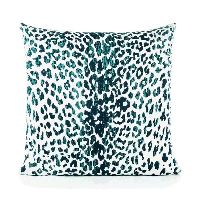 360 video of Animal pattern in teal and dark blue pillow in square size for indoor and outdoor décor.