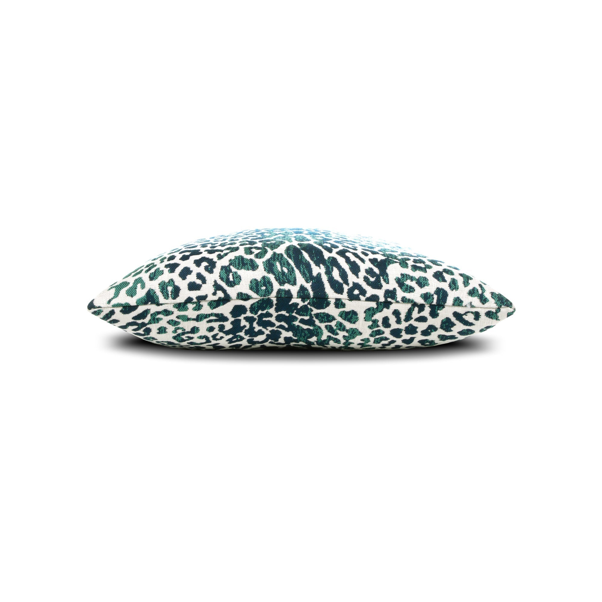 Side image of Animal pattern in teal and dark blue pillow in square size for indoor and outdoor décor.