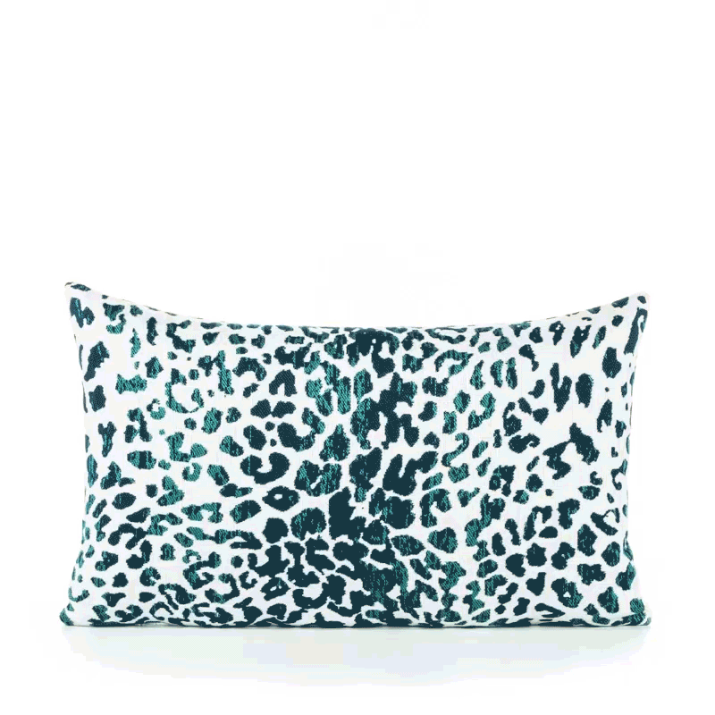360 video of Animal pattern in teal and dark blue pillow in lumbar size for indoor and outdoor décor.
