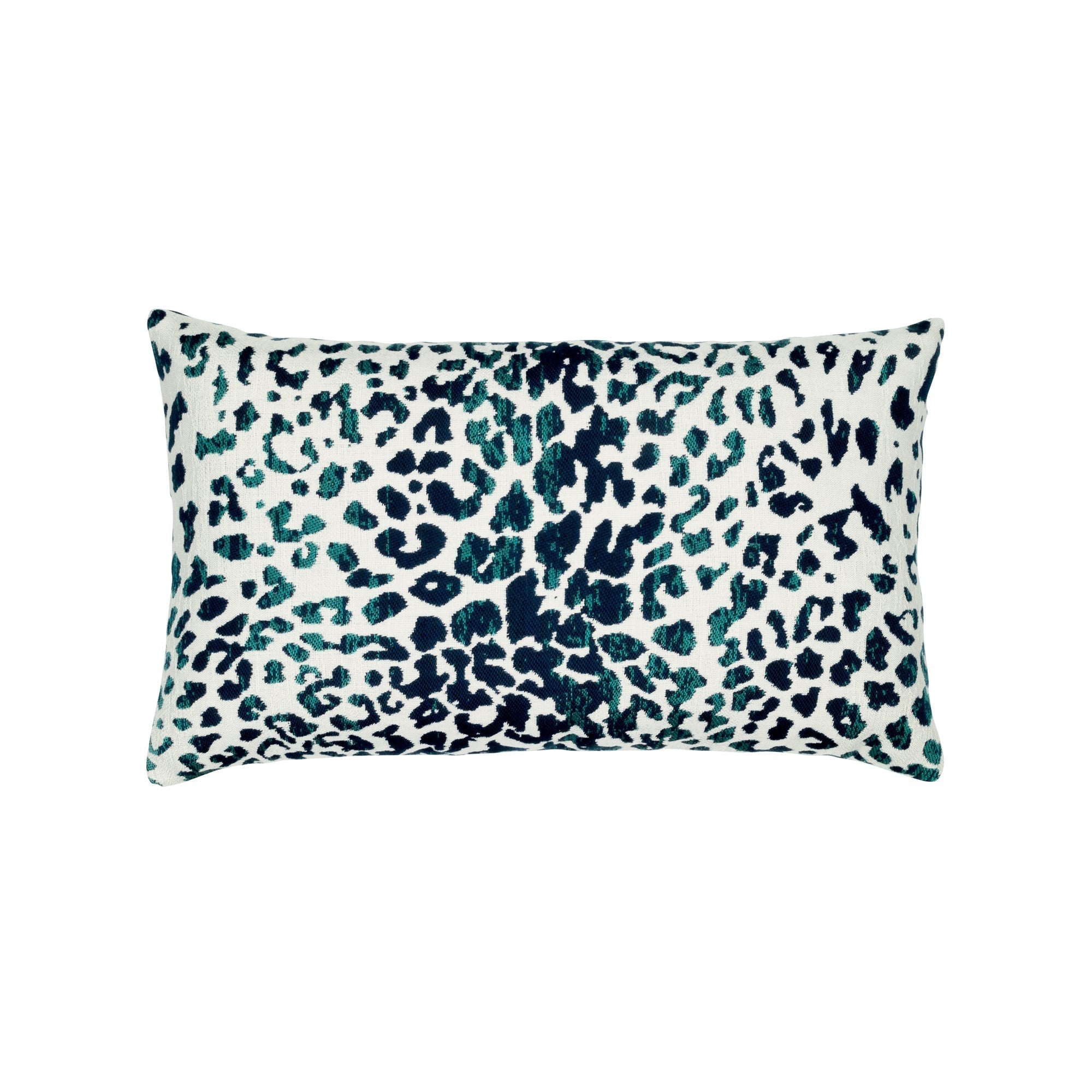 Animal pattern in teal and dark blue pillow in lumbar size for indoor and outdoor décor.