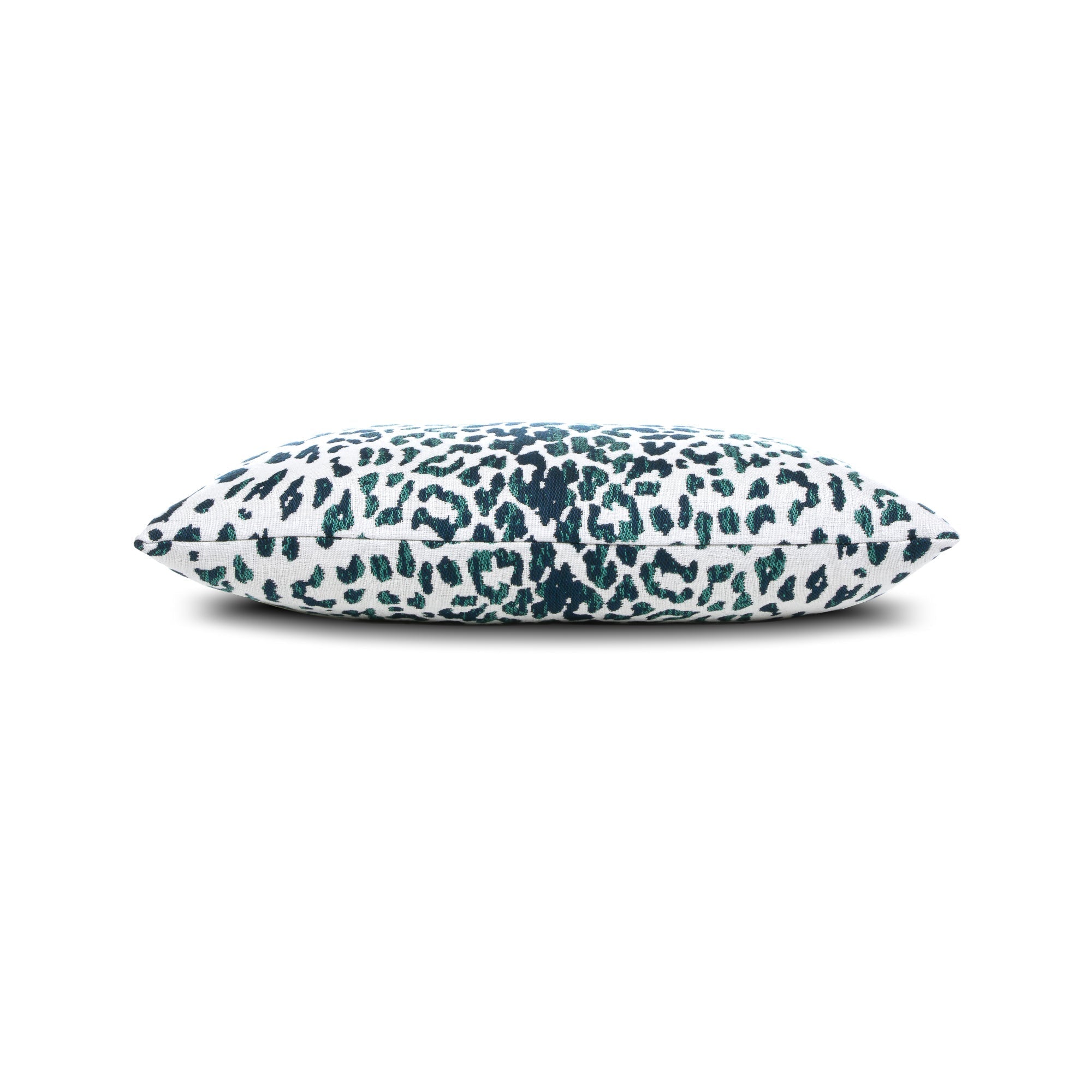 Side image of Animal pattern in teal and dark blue pillow in lumbar size for indoor and outdoor décor.