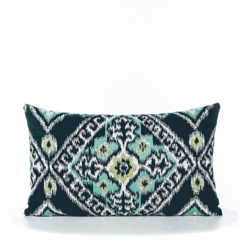 360 video of Aquamarine and navy ikat patterned outdoor pillow lumbar size for contemporary patio decor